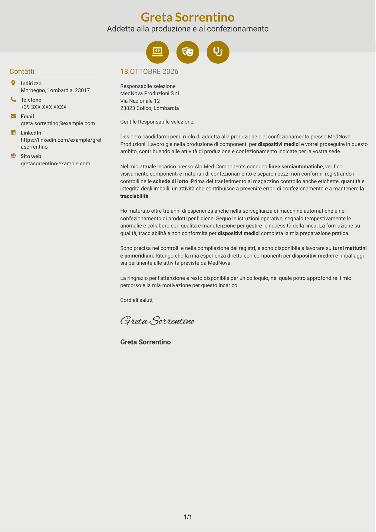 Lettera di presentazione Dinamico (formato a due colonne con icone): Addetto alla produzione e al confezionamento - Dispositivi medici, pagina 1