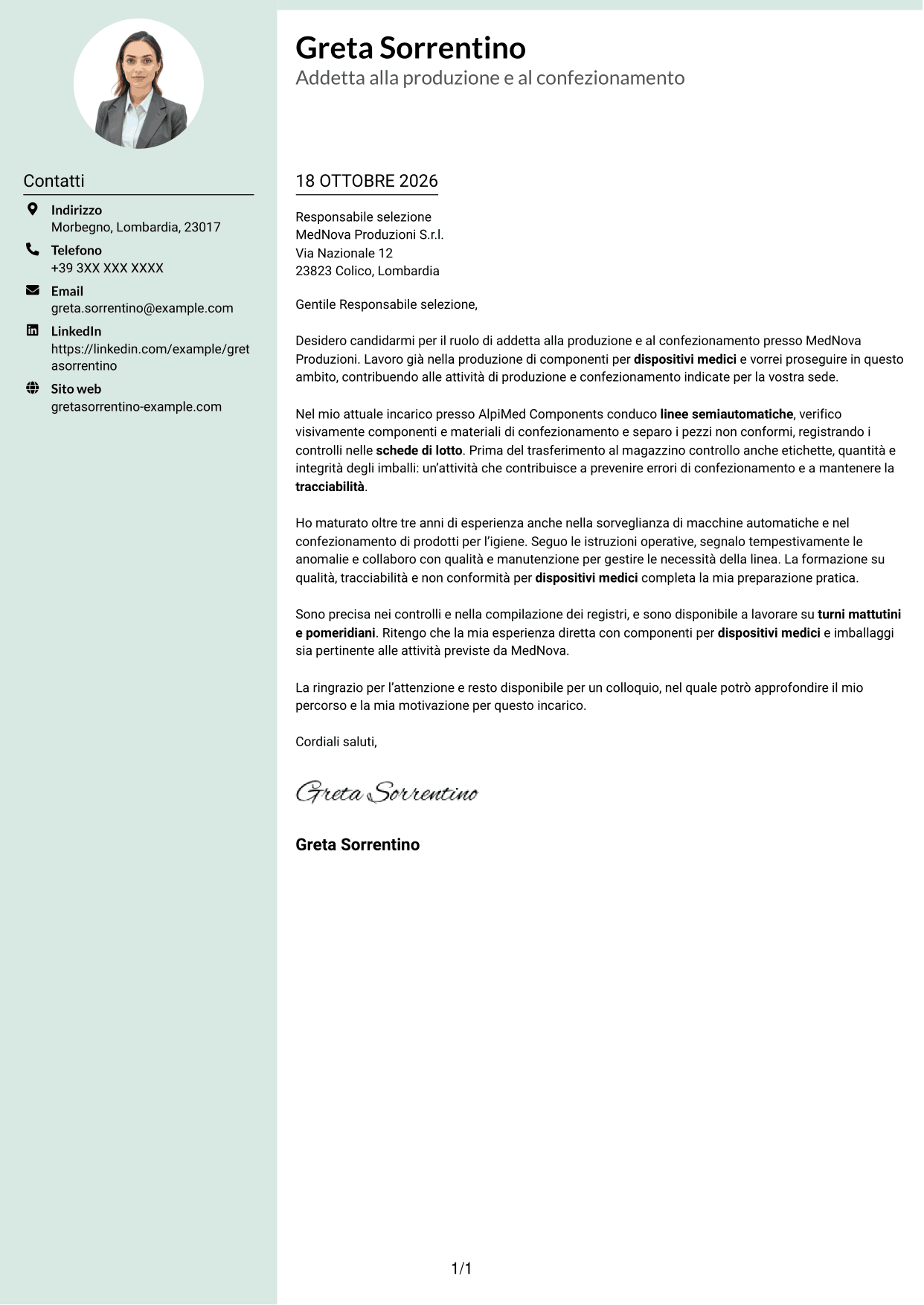 Lettera di presentazione Dirigente (formato con colonna laterale tenue e foto arrotondata): Addetto alla produzione e al confezionamento - Dispositivi medici, pagina 1
