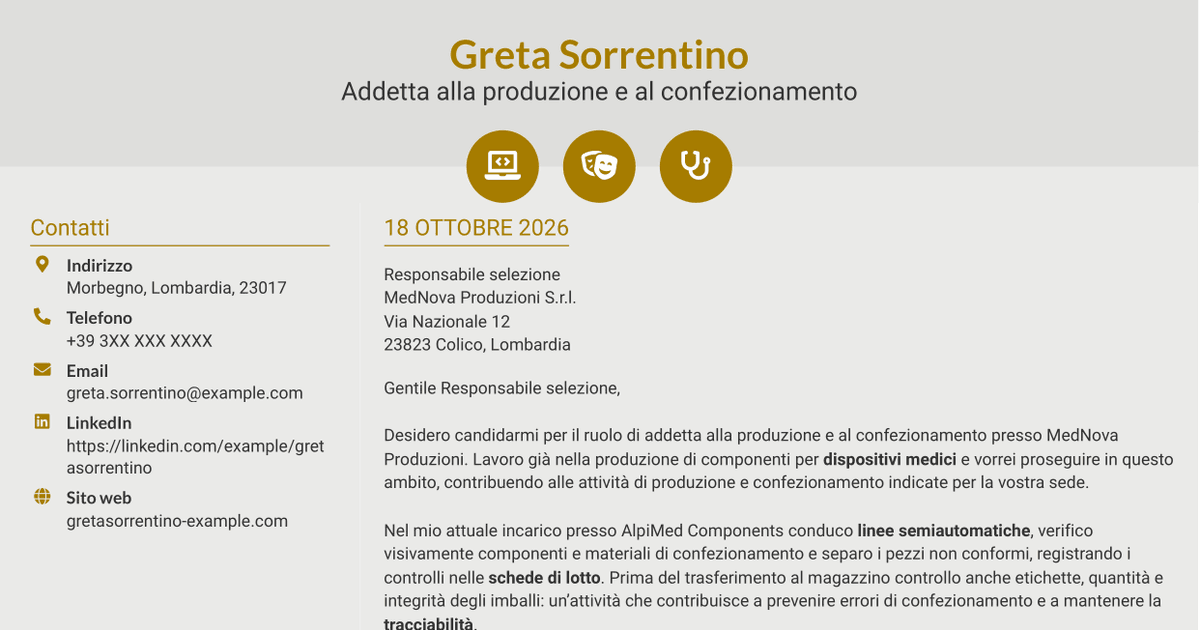 7 modelli di lettera di presentazione per Addetto alla produzione e al confezionamento - Dispositivi medici, con esempi