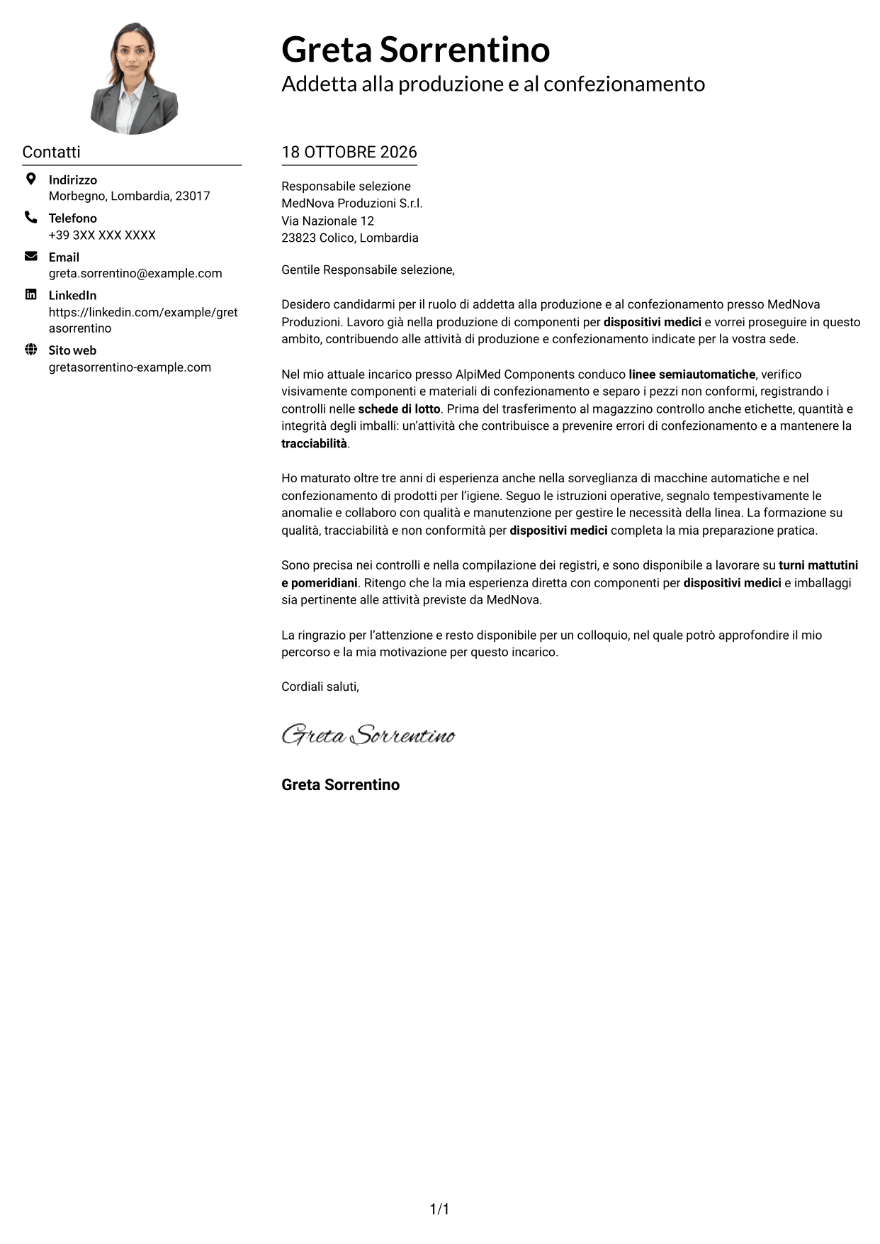 Esempio di lettera di presentazione — pagina 1