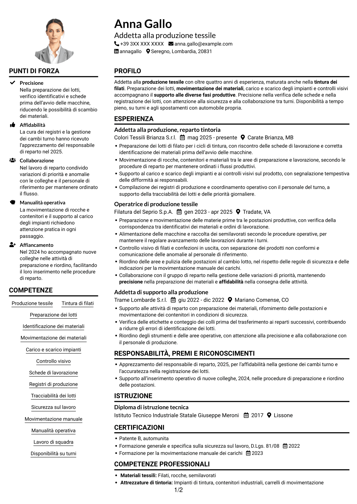 Esempio di curriculum — pagina 1