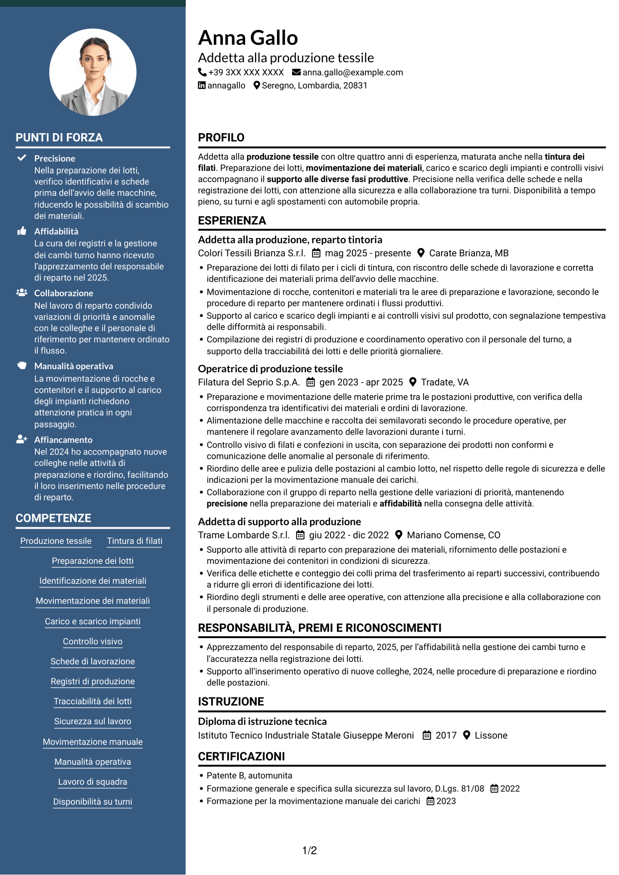 CV Elegante (formato con colonna laterale colorata e foto): Addetto alla Produzione - Tintoria di Filati, pagina 1