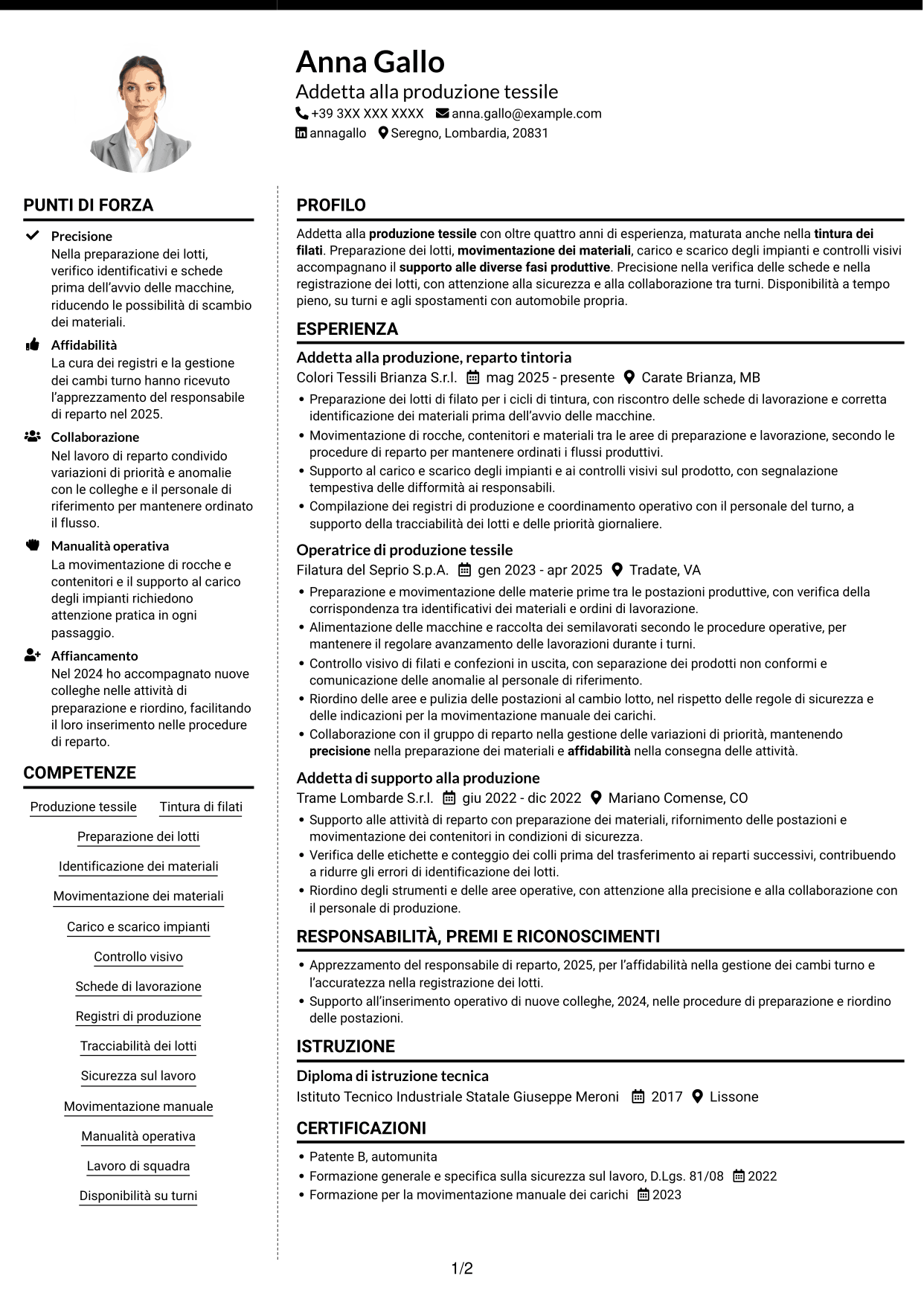 CV Moderno (formato a due colonne con foto a sinistra e separatore): Addetto alla Produzione - Tintoria di Filati, pagina 1