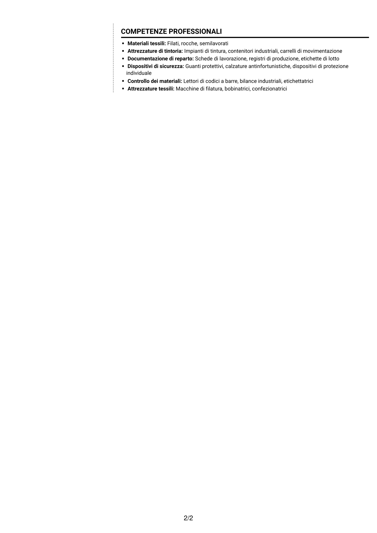 CV Moderno (formato a due colonne con foto a sinistra e separatore): Addetto alla Produzione - Tintoria di Filati, pagina 2