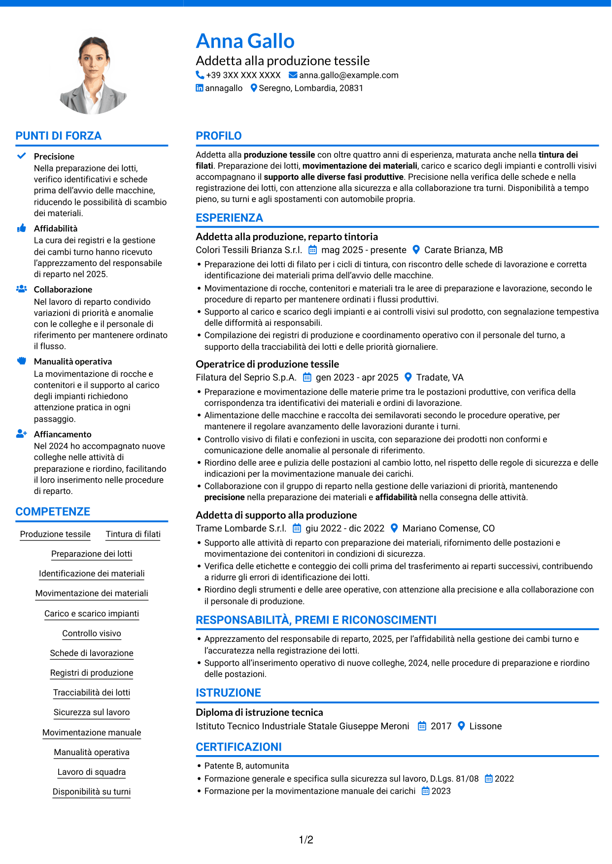 CV Audace (formato a due colonne con accenti colorati e foto): Addetto alla Produzione - Tintoria di Filati, pagina 1