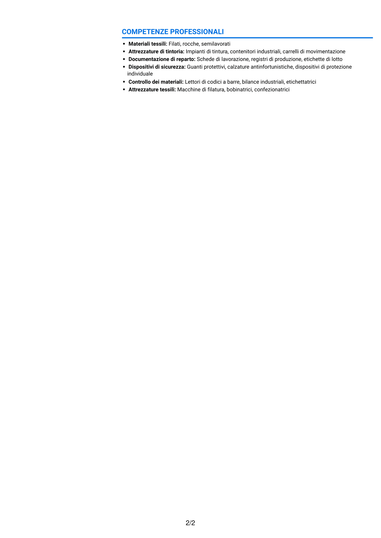 CV Audace (formato a due colonne con accenti colorati e foto): Addetto alla Produzione - Tintoria di Filati, pagina 2