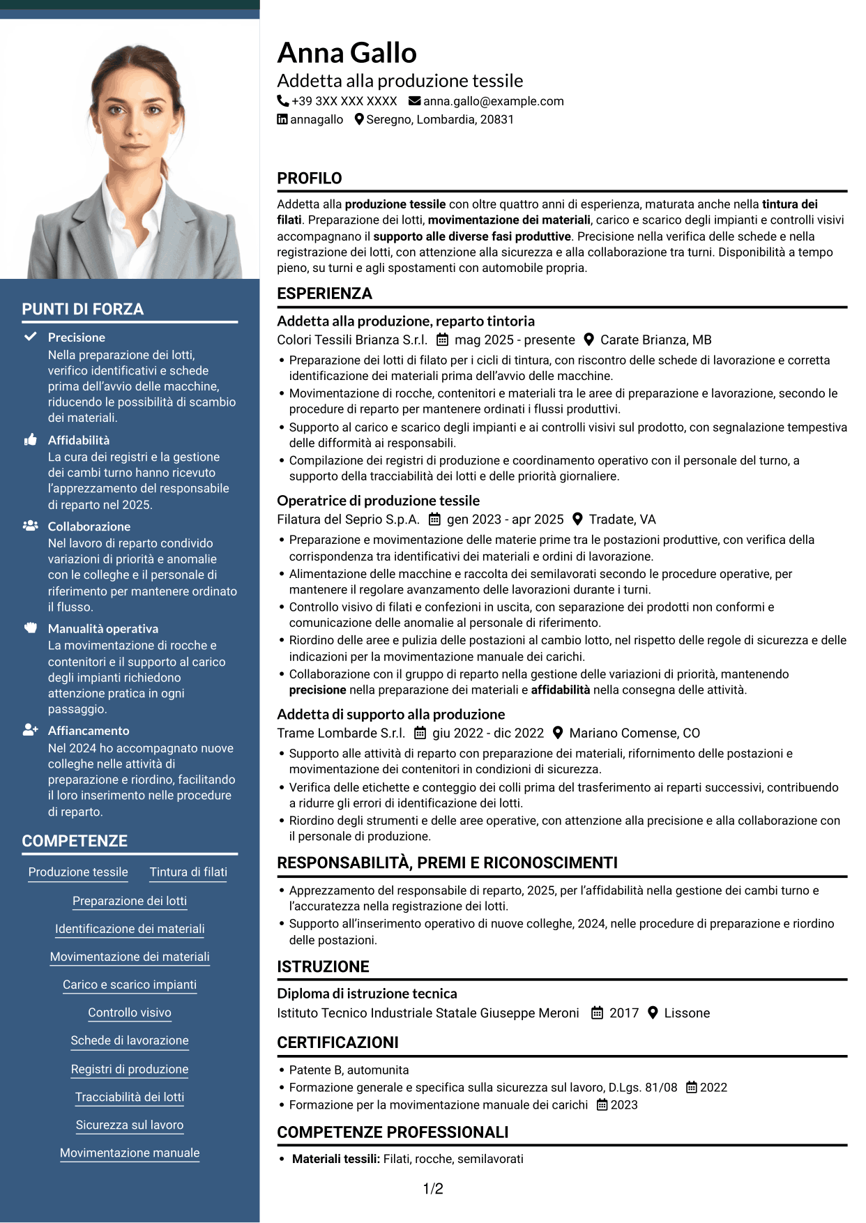 CV Signature (formato con colonna laterale colorata e foto grande): Addetto alla Produzione - Tintoria di Filati, pagina 1