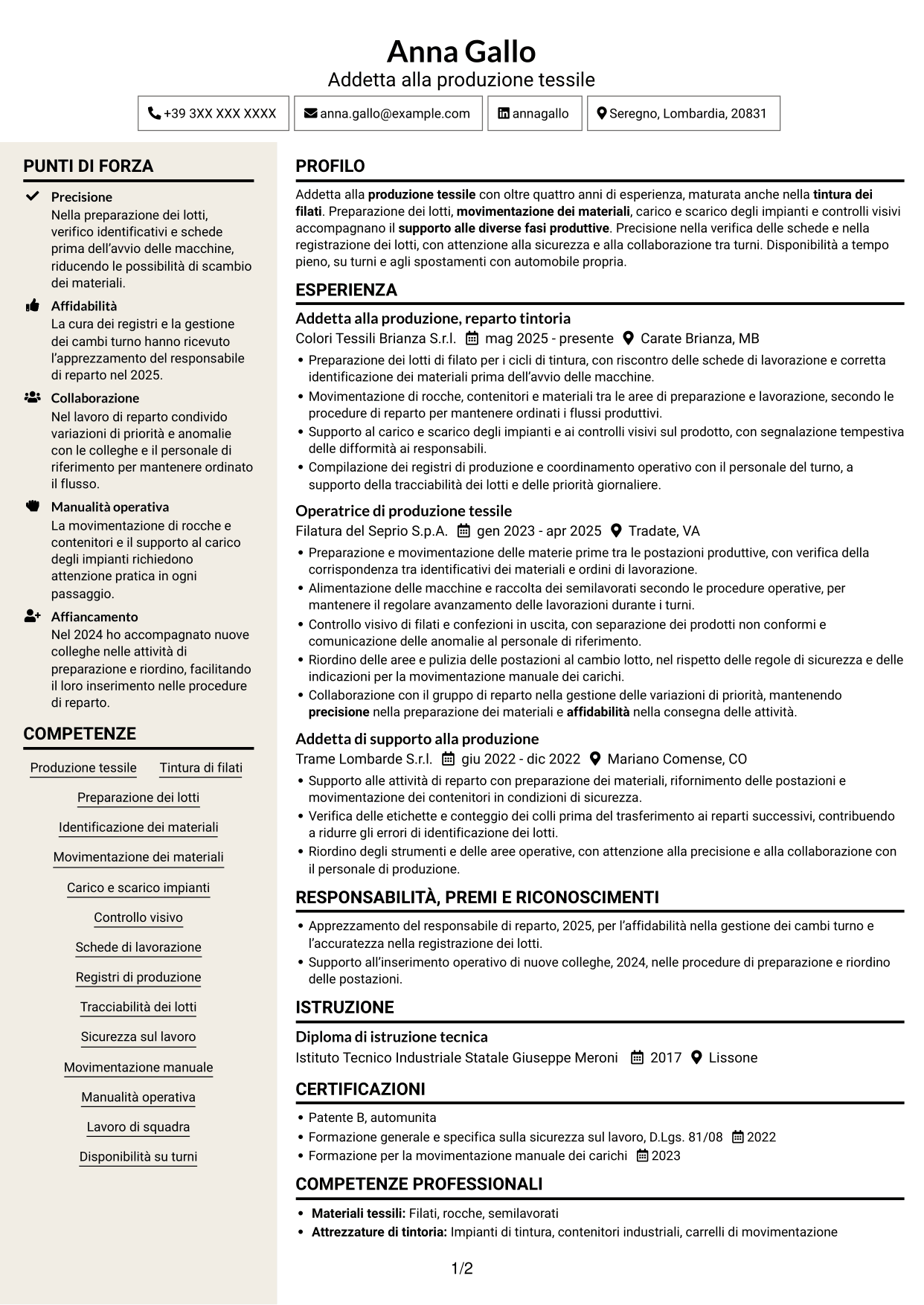 CV Intraprendente (formato a due colonne con intestazione centrata senza foto): Addetto alla Produzione - Tintoria di Filati, pagina 1