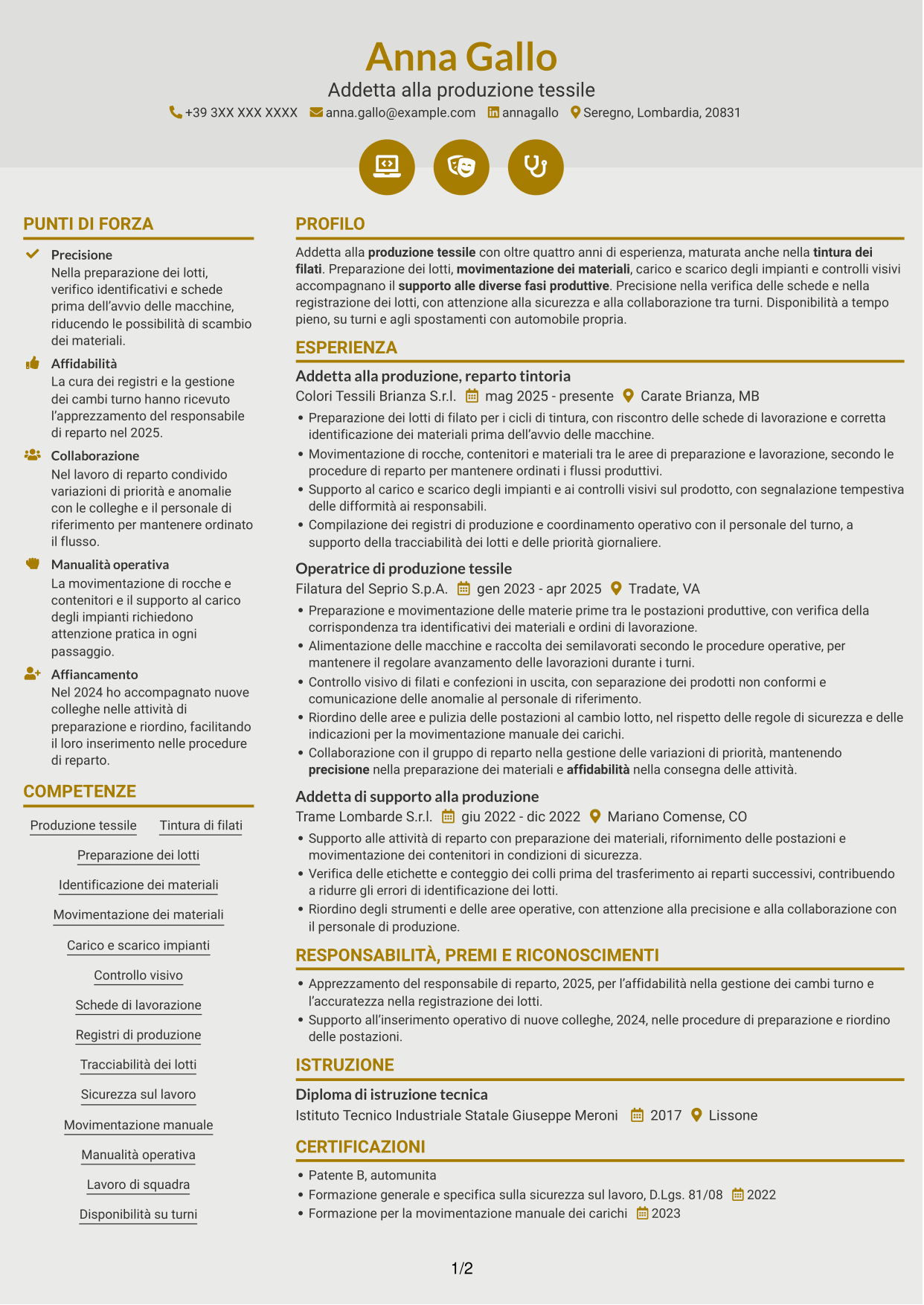 CV Dinamico (formato a due colonne con icone): Addetto alla Produzione - Tintoria di Filati, pagina 1