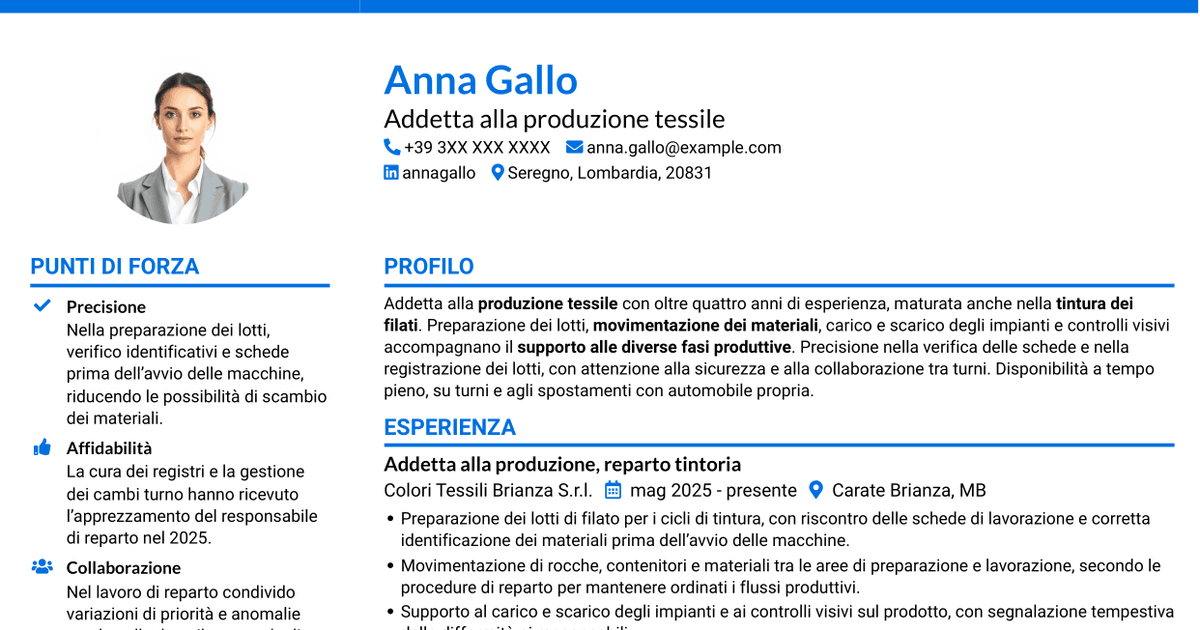 7 modelli di CV per Addetto alla Produzione - Tintoria di Filati, con esempi