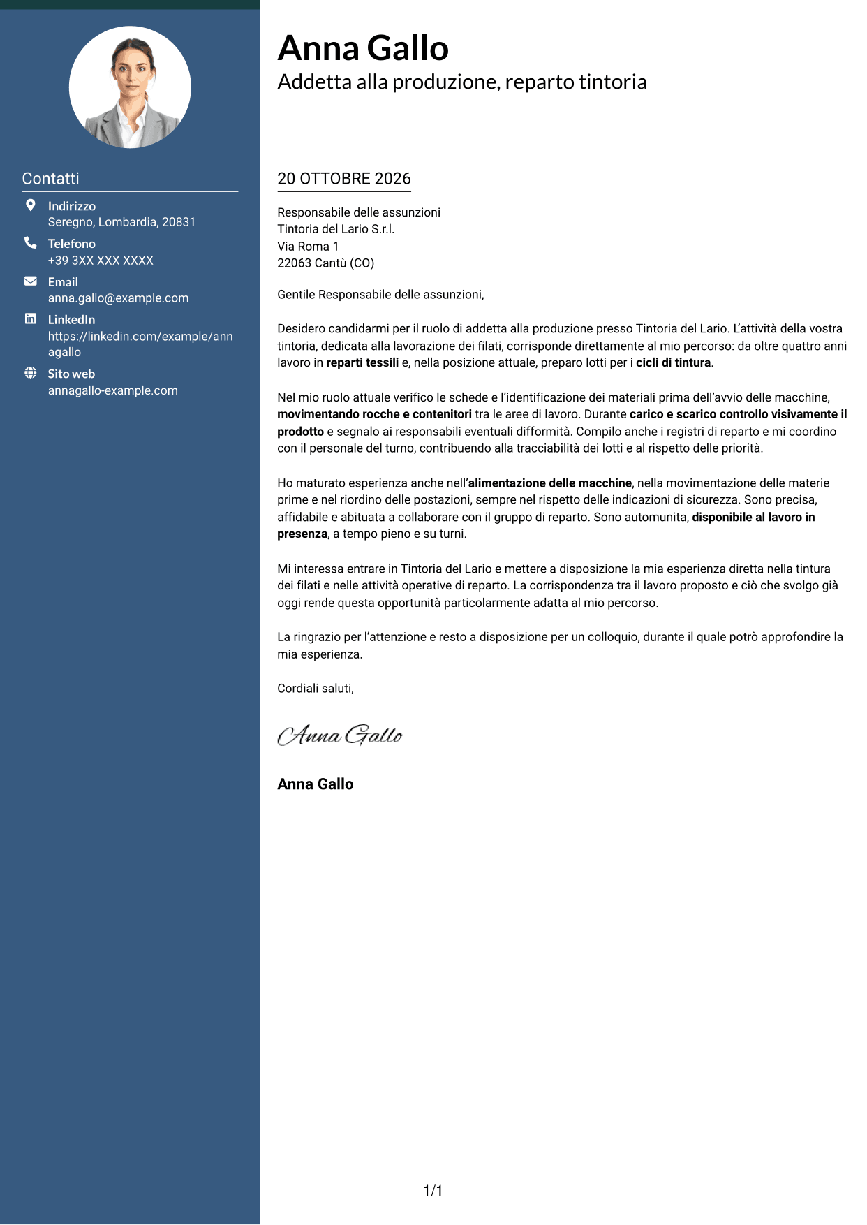 Lettera di presentazione Elegante (formato con colonna laterale colorata e foto): Addetto alla Produzione - Tintoria di Filati, pagina 1