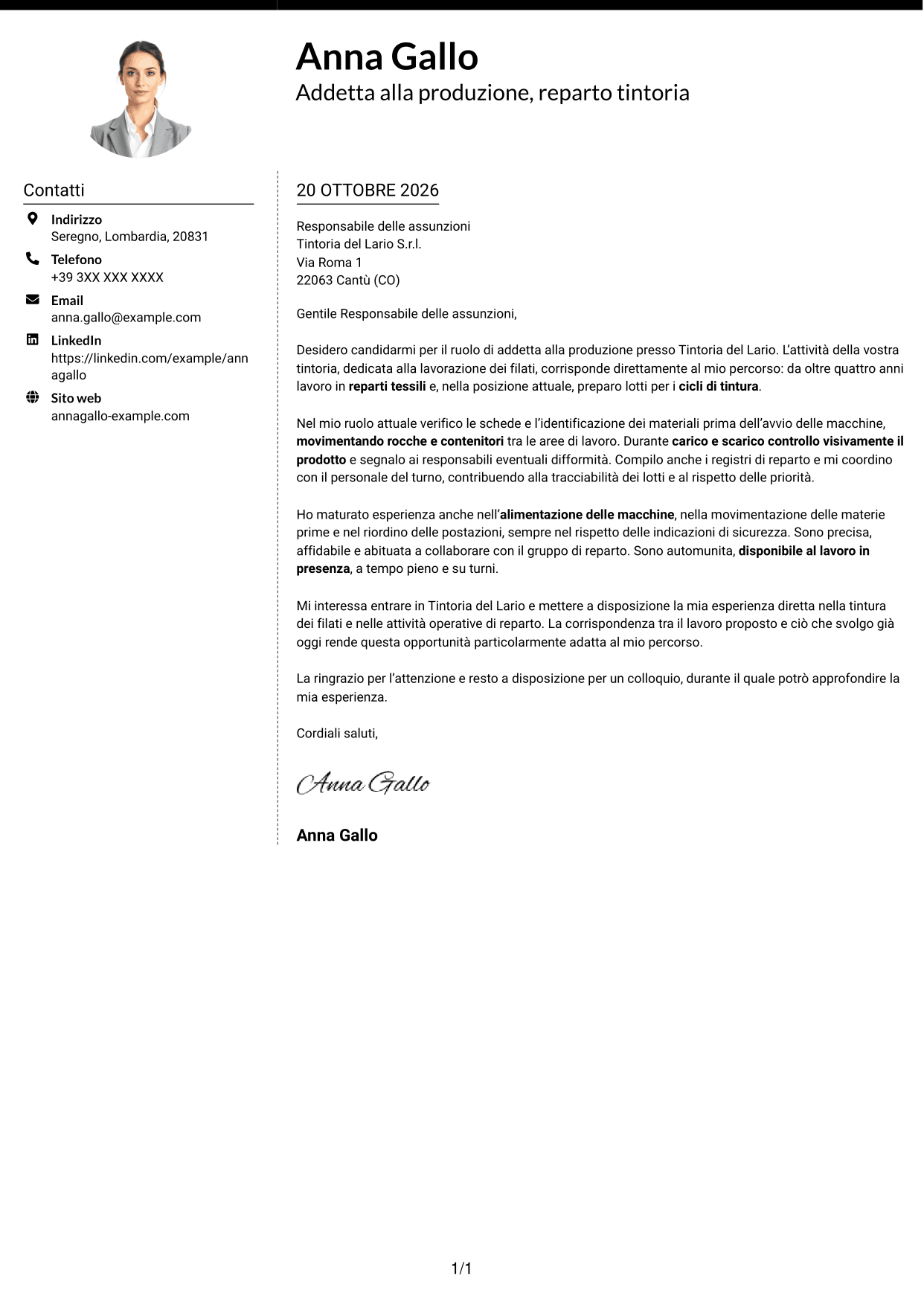 Lettera di presentazione Moderno (formato a due colonne con foto a sinistra e separatore): Addetto alla Produzione - Tintoria di Filati, pagina 1