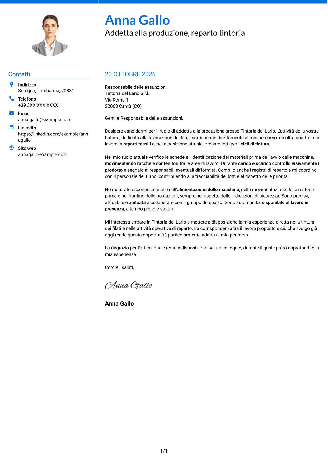 Lettera di presentazione Audace (formato a due colonne con accenti colorati e foto): Addetto alla Produzione - Tintoria di Filati, pagina 1