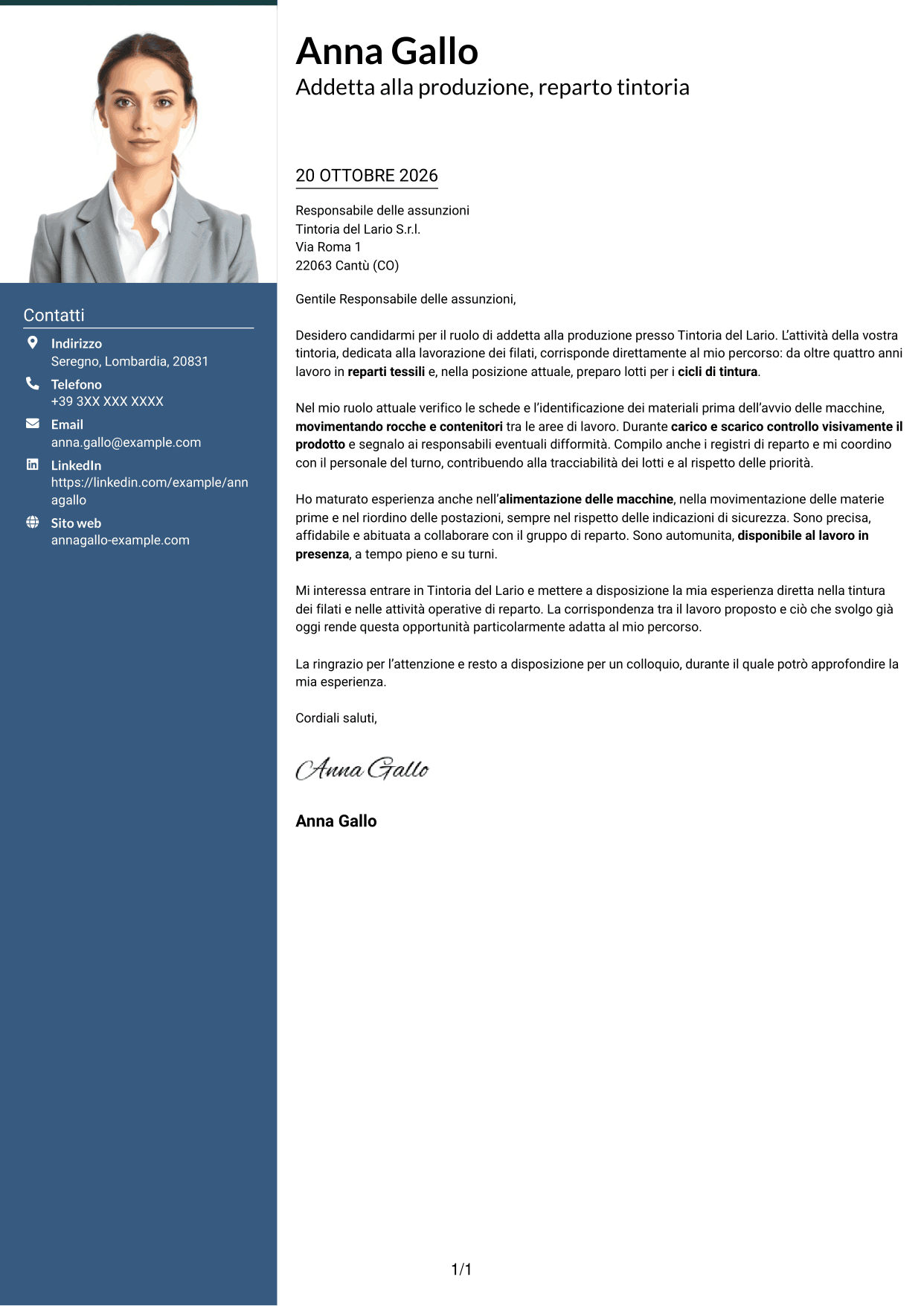 Lettera di presentazione Signature (formato con colonna laterale colorata e foto grande): Addetto alla Produzione - Tintoria di Filati, pagina 1