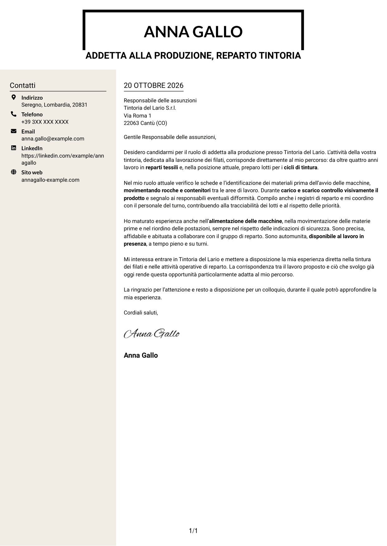 Lettera di presentazione Intraprendente (formato a due colonne con intestazione centrata senza foto): Addetto alla Produzione - Tintoria di Filati, pagina 1
