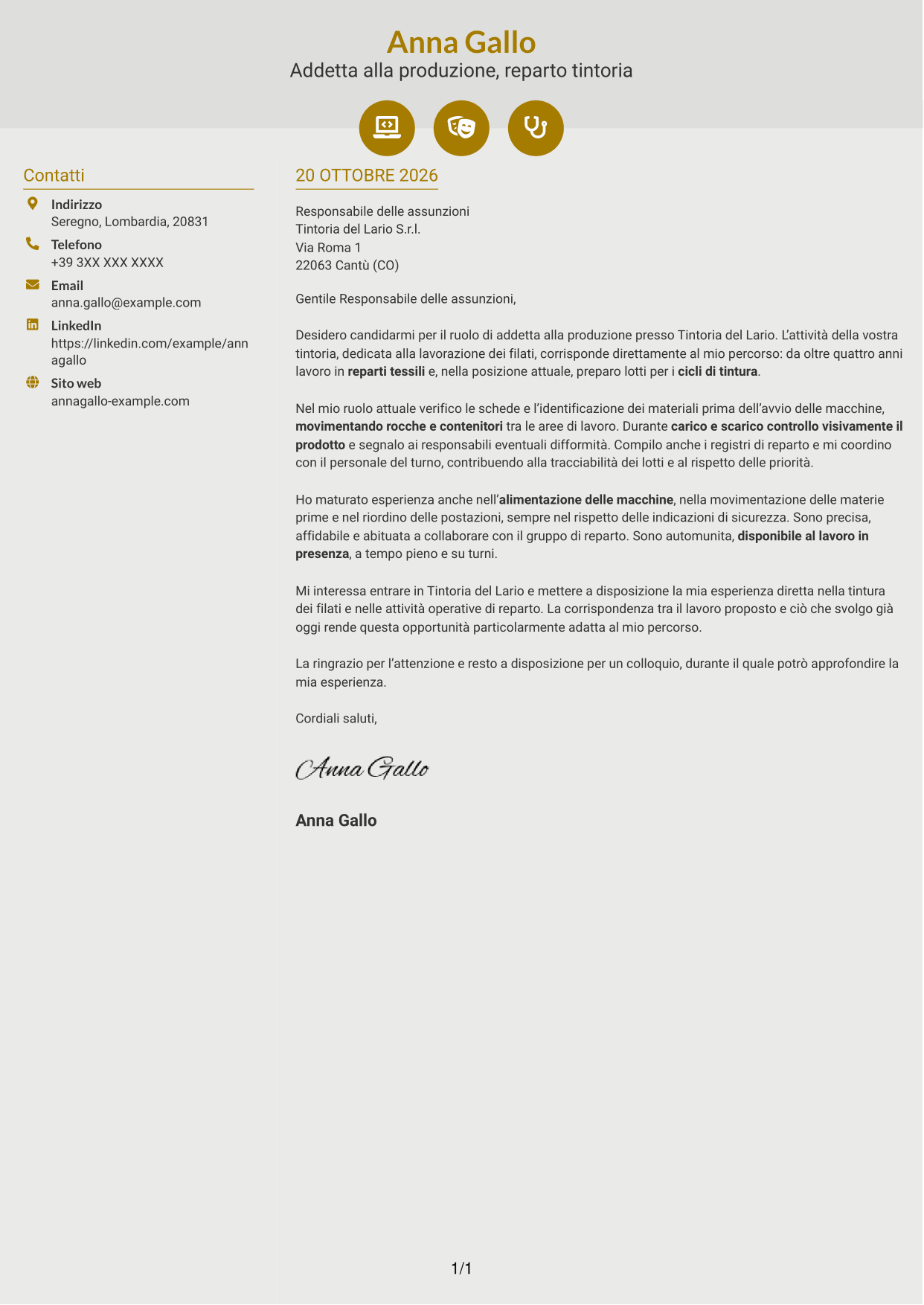 Lettera di presentazione Dinamico (formato a due colonne con icone): Addetto alla Produzione - Tintoria di Filati, pagina 1