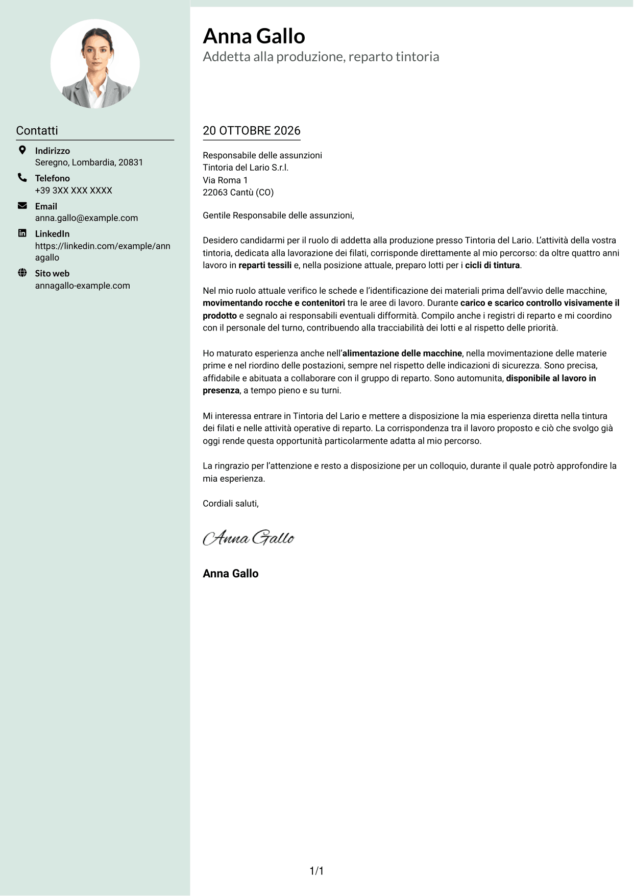 Lettera di presentazione Dirigente (formato con colonna laterale tenue e foto arrotondata): Addetto alla Produzione - Tintoria di Filati, pagina 1