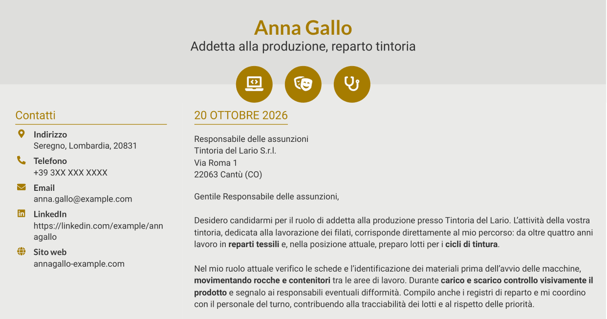 7 modelli di lettera di presentazione per Addetto alla Produzione - Tintoria di Filati, con esempi