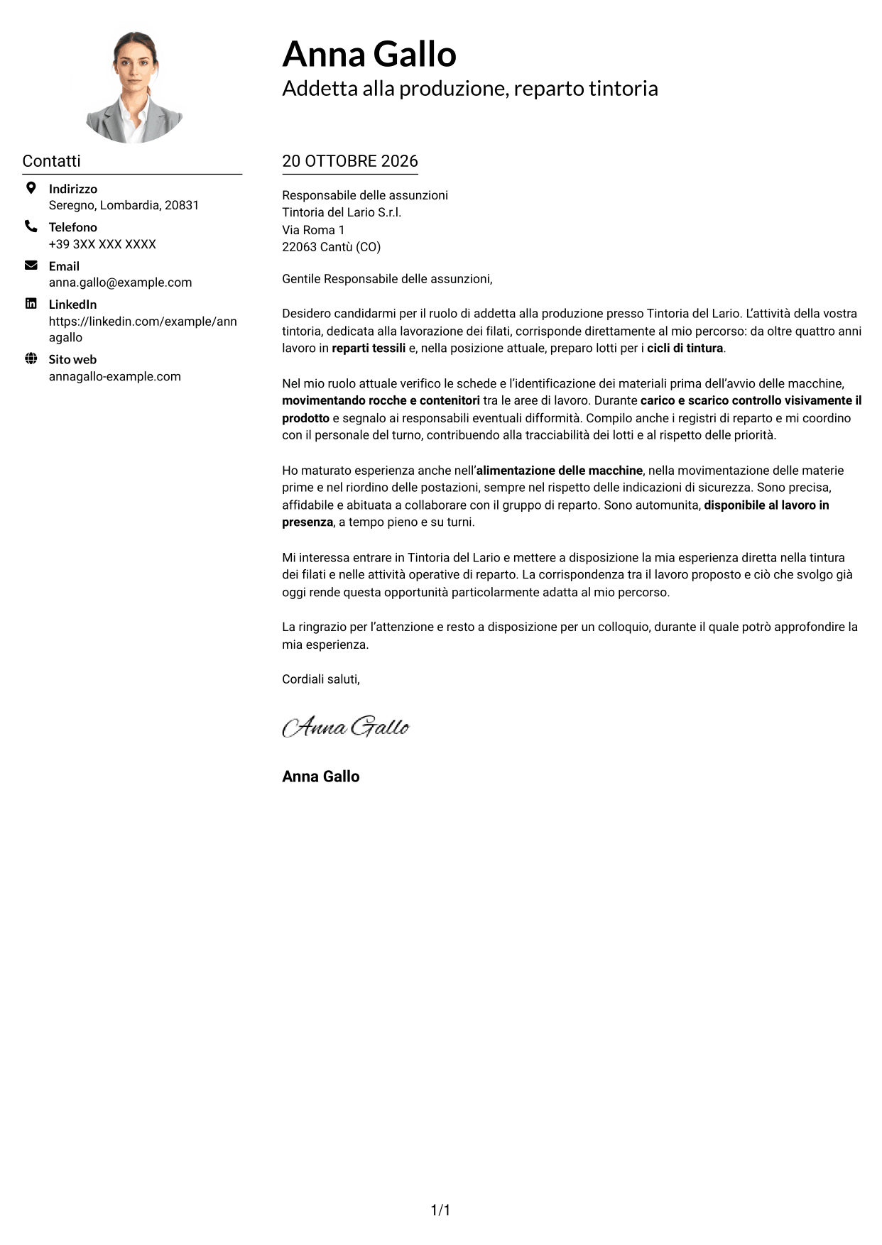 Esempio di lettera di presentazione — pagina 1