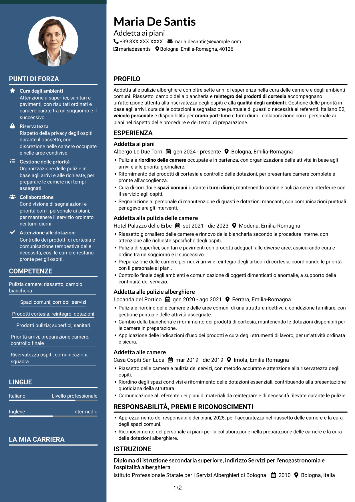 CV Elegante (formato con colonna laterale colorata e foto): Addetto alla pulizia delle camere, pagina 1