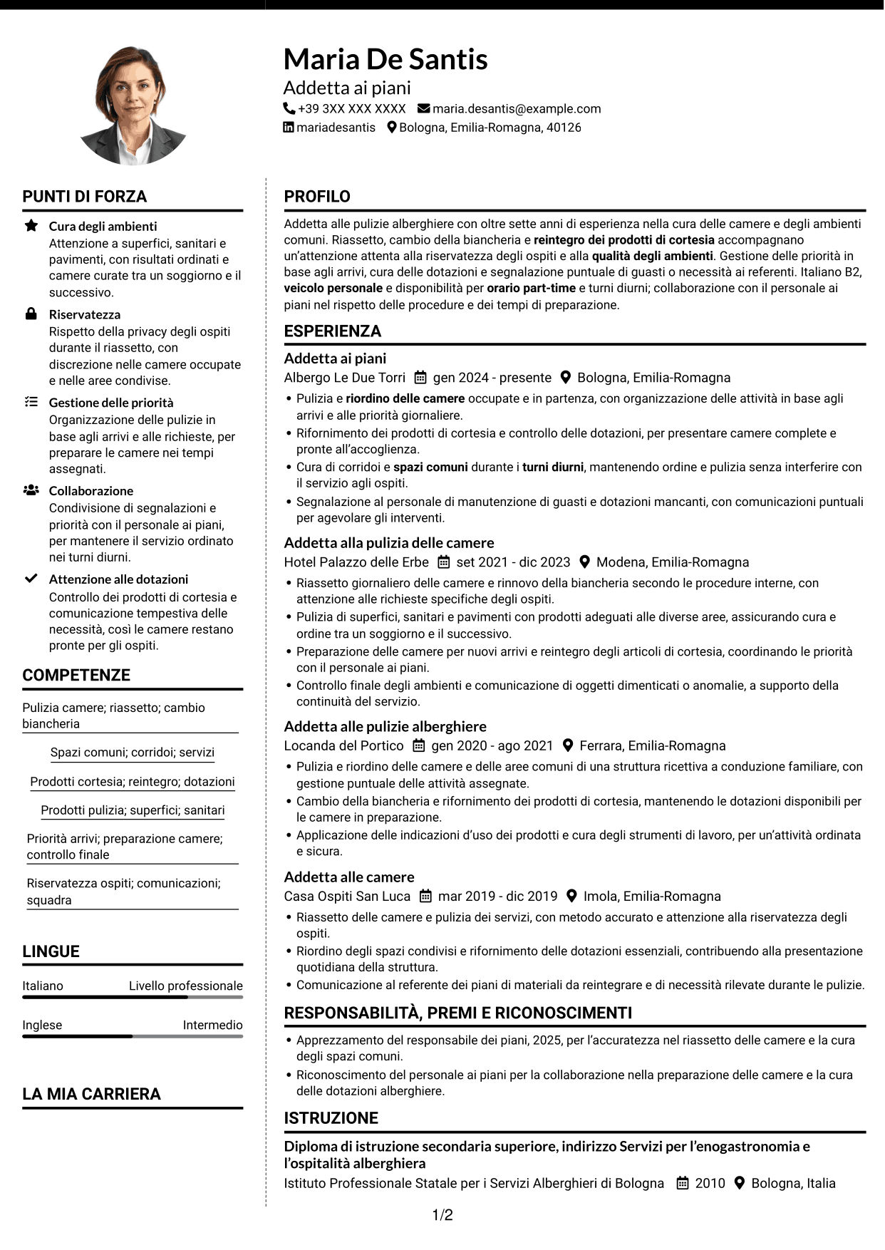 CV Moderno (formato a due colonne con foto a sinistra e separatore): Addetto alla pulizia delle camere, pagina 1