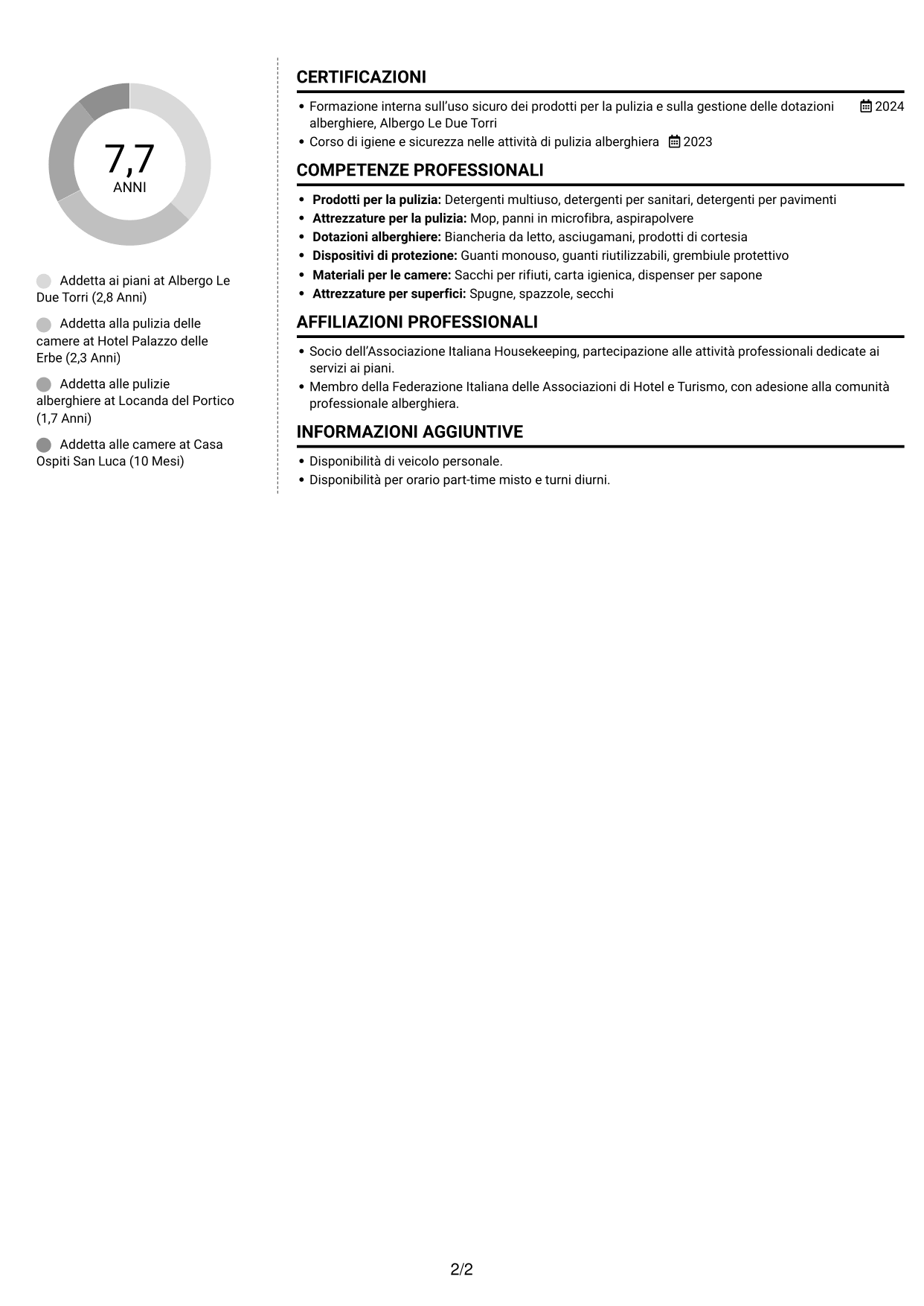 CV Moderno (formato a due colonne con foto a sinistra e separatore): Addetto alla pulizia delle camere, pagina 2