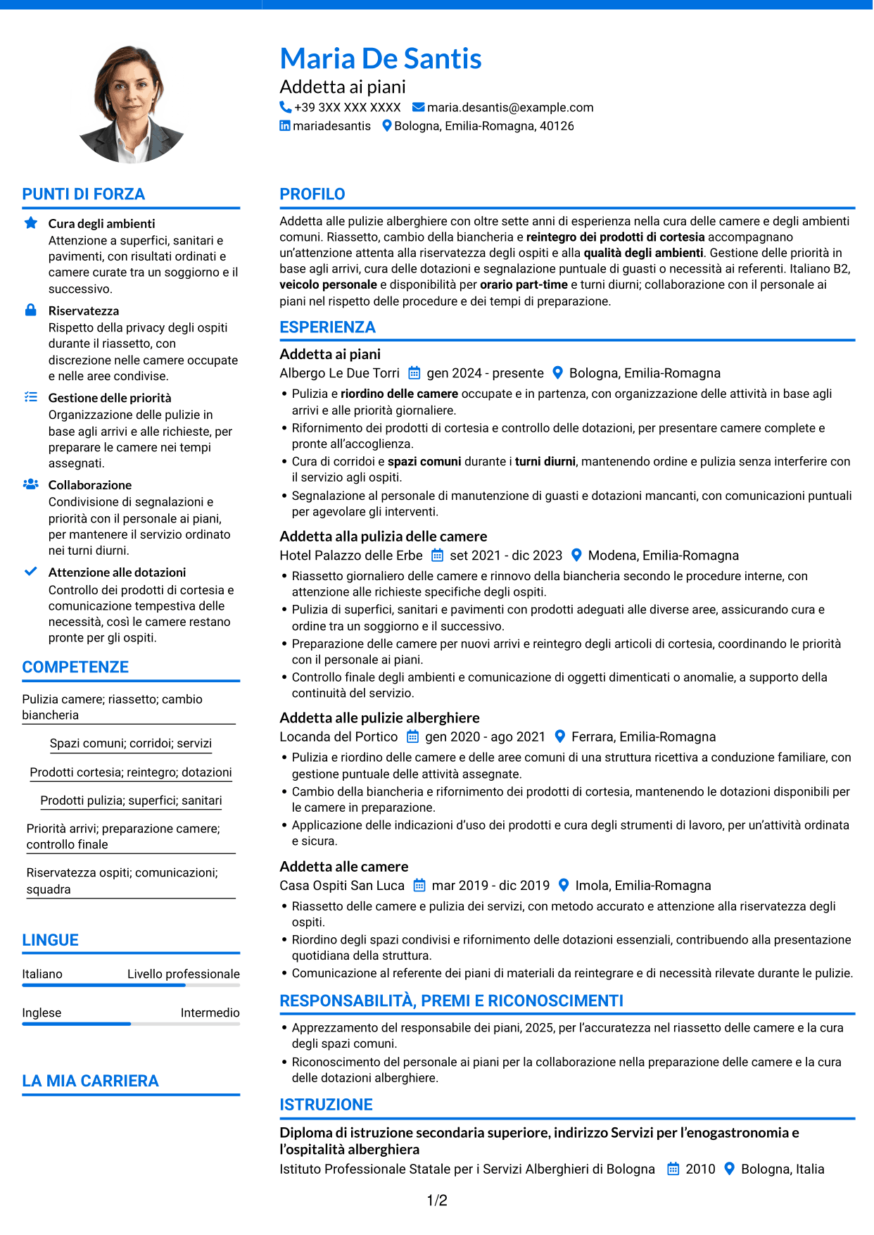 CV Audace (formato a due colonne con accenti colorati e foto): Addetto alla pulizia delle camere, pagina 1