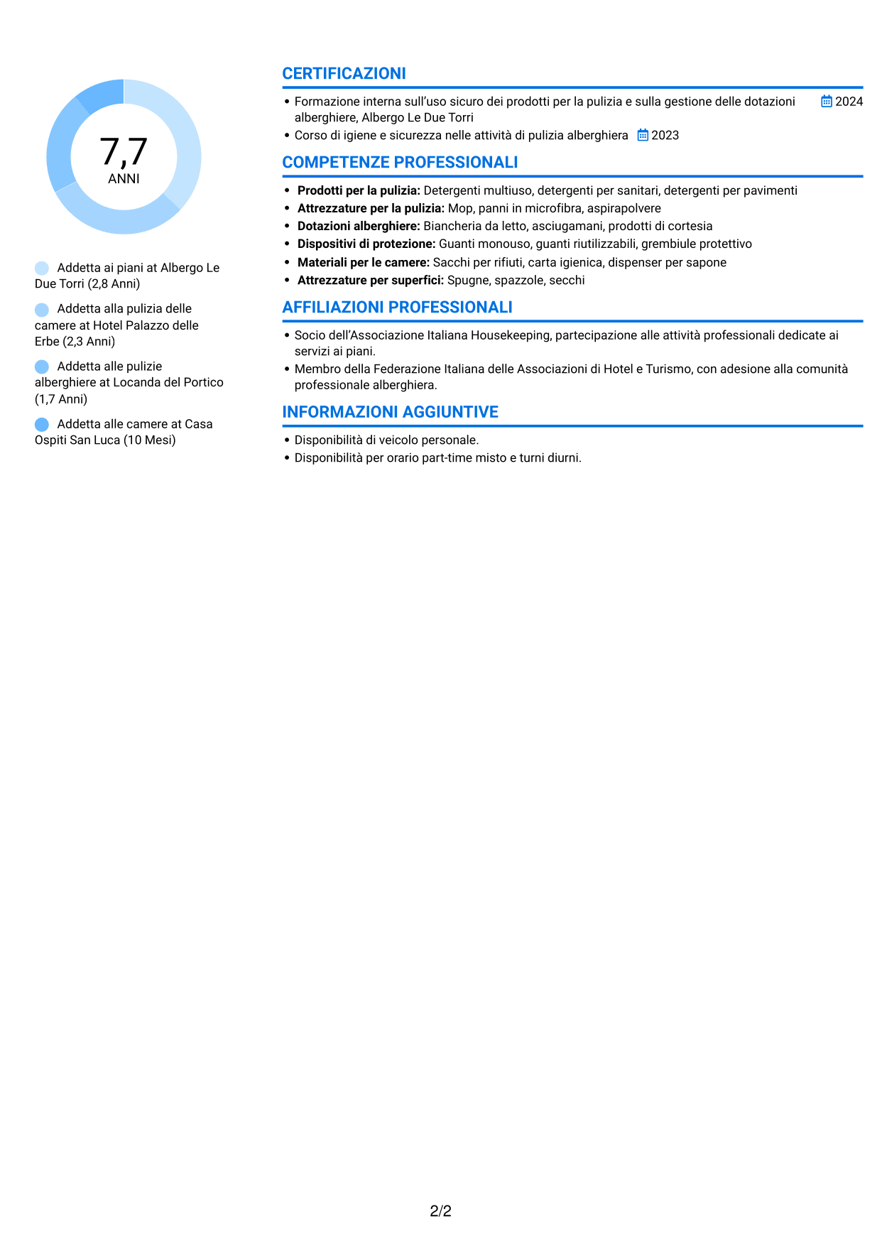 CV Audace (formato a due colonne con accenti colorati e foto): Addetto alla pulizia delle camere, pagina 2