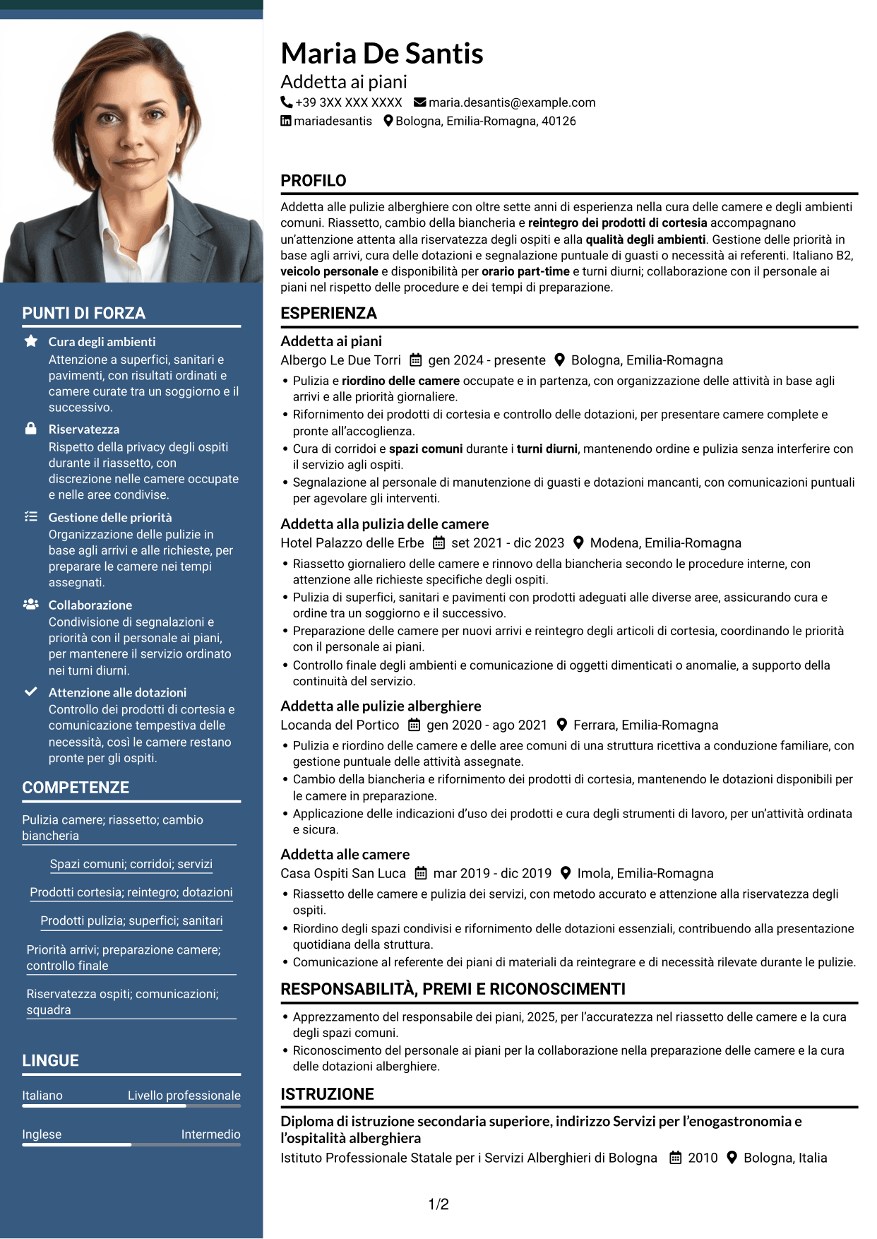 CV Signature (formato con colonna laterale colorata e foto grande): Addetto alla pulizia delle camere, pagina 1