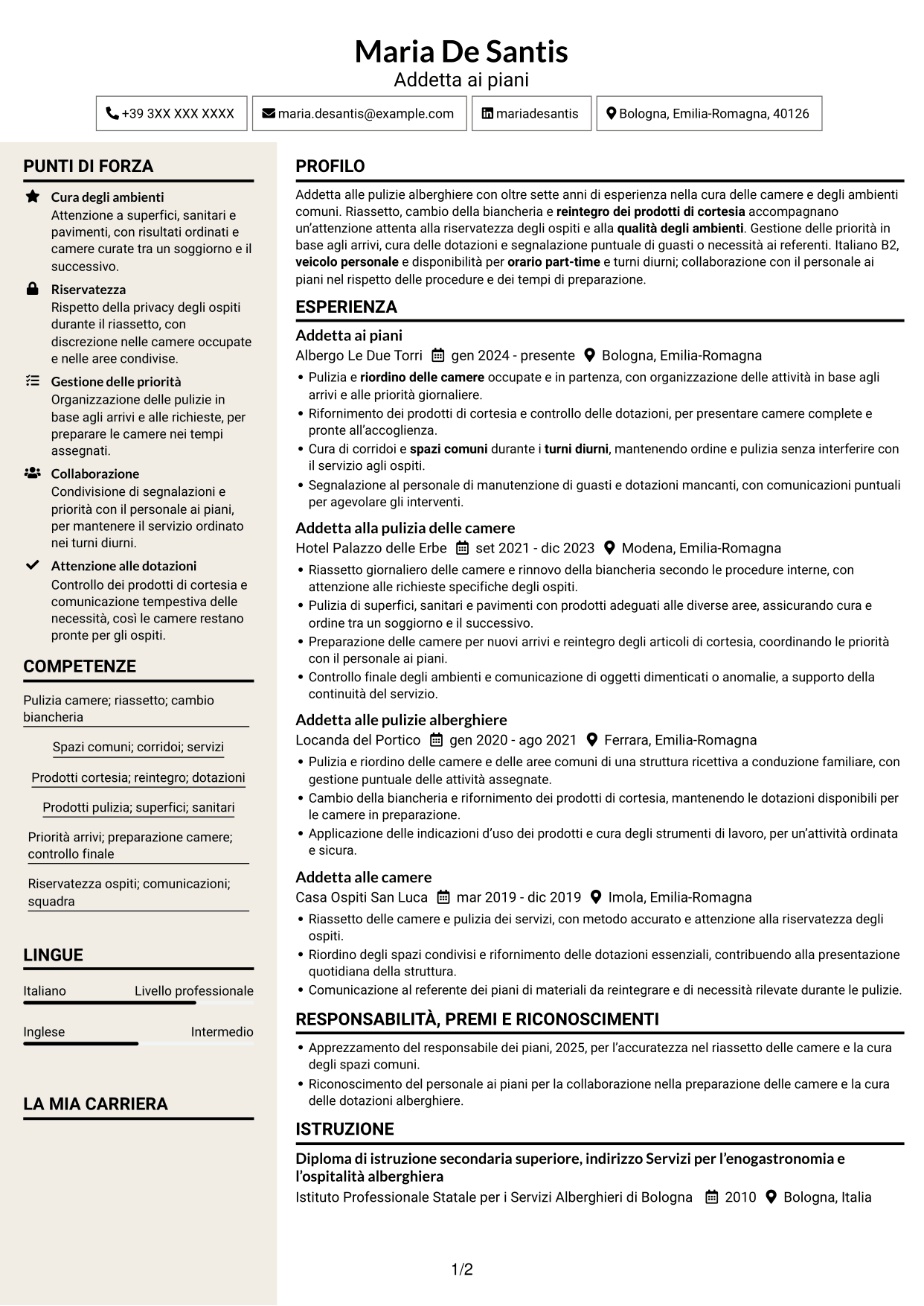 CV Intraprendente (formato a due colonne con intestazione centrata senza foto): Addetto alla pulizia delle camere, pagina 1
