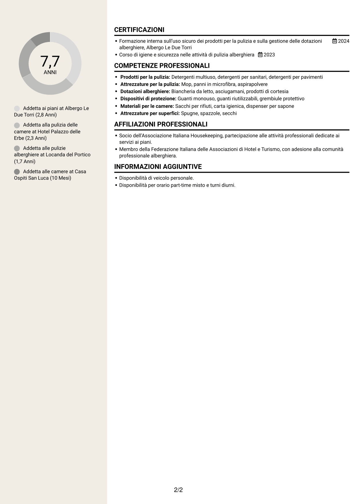 CV Intraprendente (formato a due colonne con intestazione centrata senza foto): Addetto alla pulizia delle camere, pagina 2