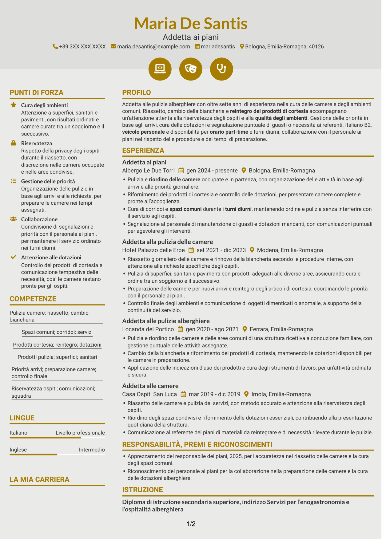 CV Dinamico (formato a due colonne con icone): Addetto alla pulizia delle camere, pagina 1