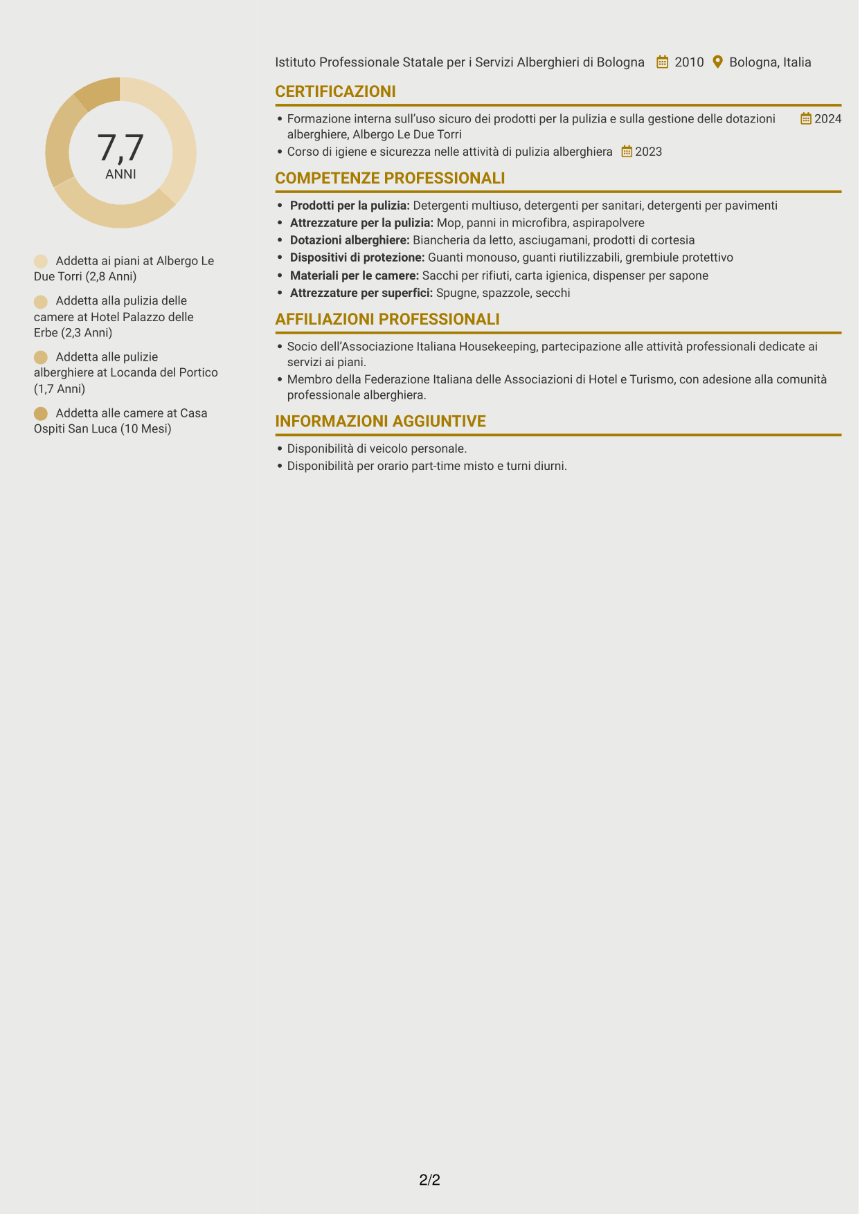 CV Dinamico (formato a due colonne con icone): Addetto alla pulizia delle camere, pagina 2