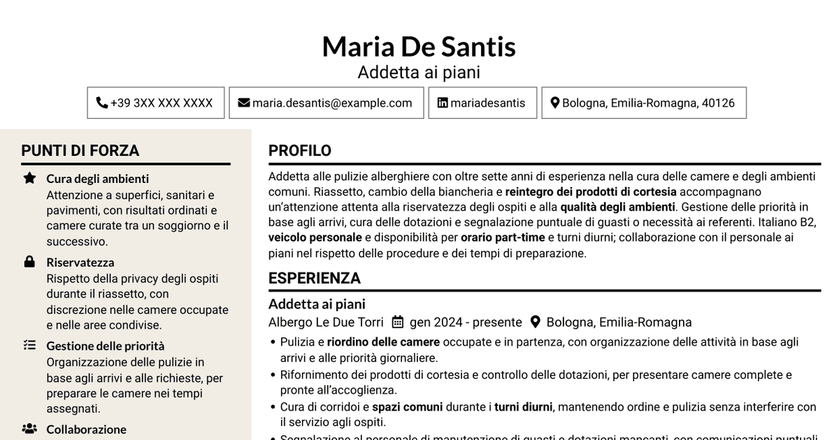 7 modelli di CV per Addetto alla pulizia delle camere, con esempi