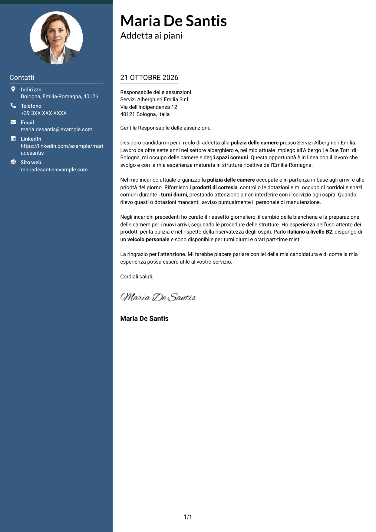 Lettera di presentazione Elegante (formato con colonna laterale colorata e foto): Addetto alla pulizia delle camere, pagina 1