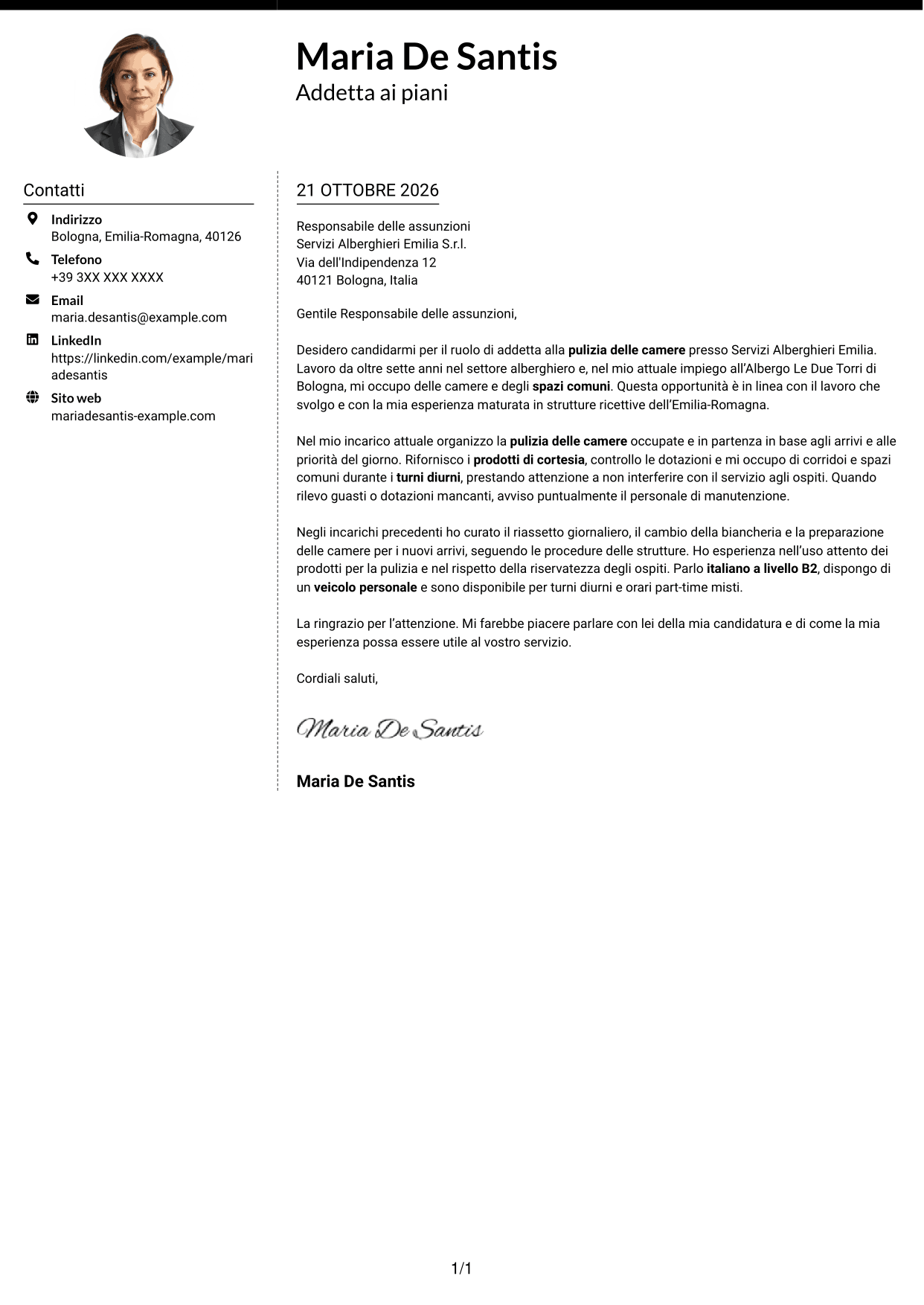Lettera di presentazione Moderno (formato a due colonne con foto a sinistra e separatore): Addetto alla pulizia delle camere, pagina 1