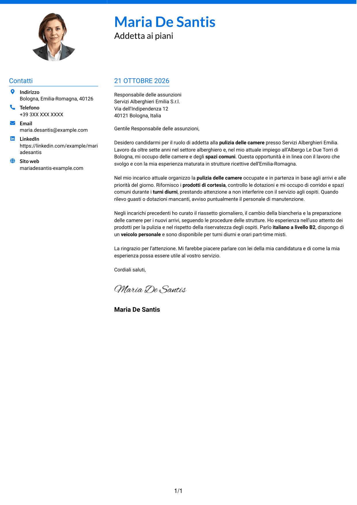 Lettera di presentazione Audace (formato a due colonne con accenti colorati e foto): Addetto alla pulizia delle camere, pagina 1