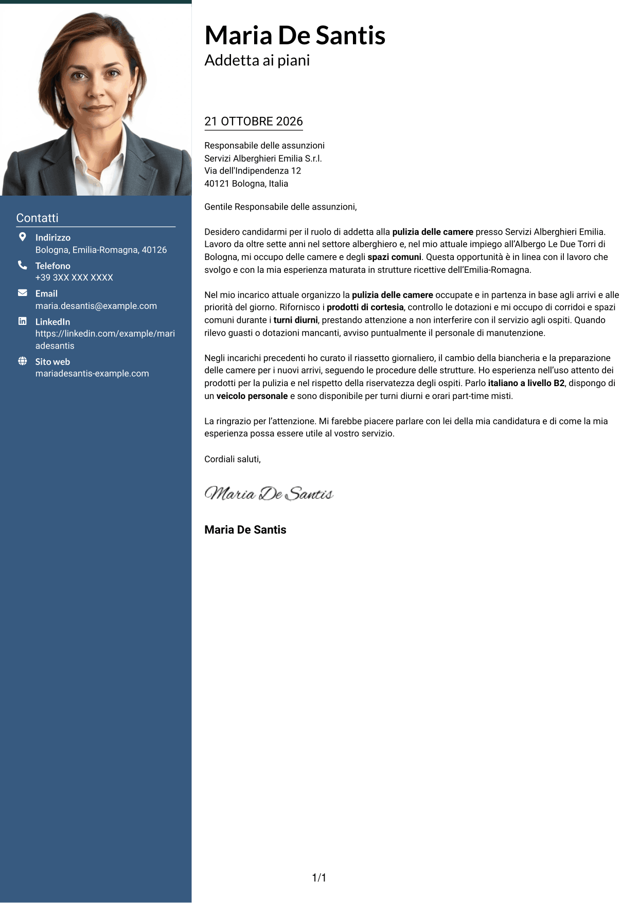 Lettera di presentazione Signature (formato con colonna laterale colorata e foto grande): Addetto alla pulizia delle camere, pagina 1