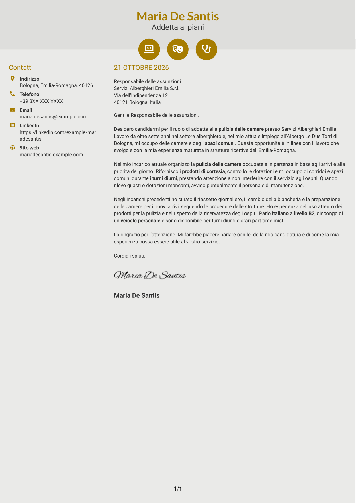Lettera di presentazione Dinamico (formato a due colonne con icone): Addetto alla pulizia delle camere, pagina 1