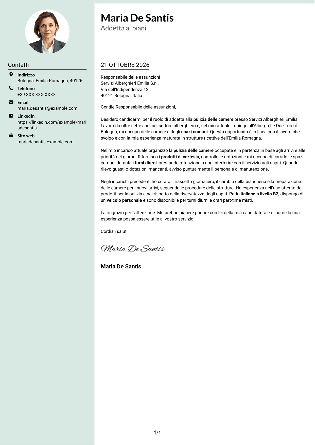 Lettera di presentazione Dirigente (formato con colonna laterale tenue e foto arrotondata): Addetto alla pulizia delle camere, pagina 1