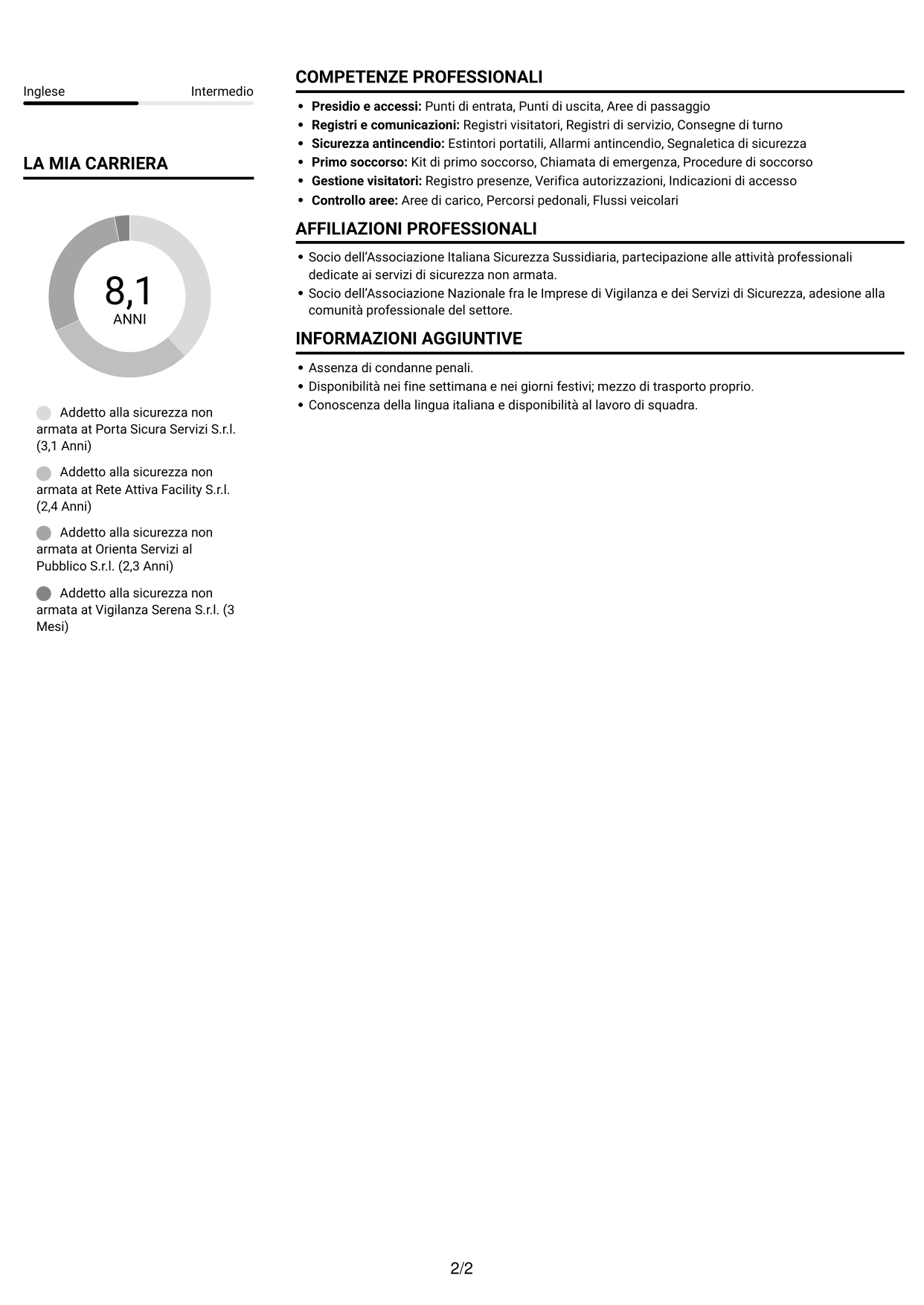 CV Compatto (formato sobrio a due colonne con foto): Addetto alla sicurezza non armata, pagina 2