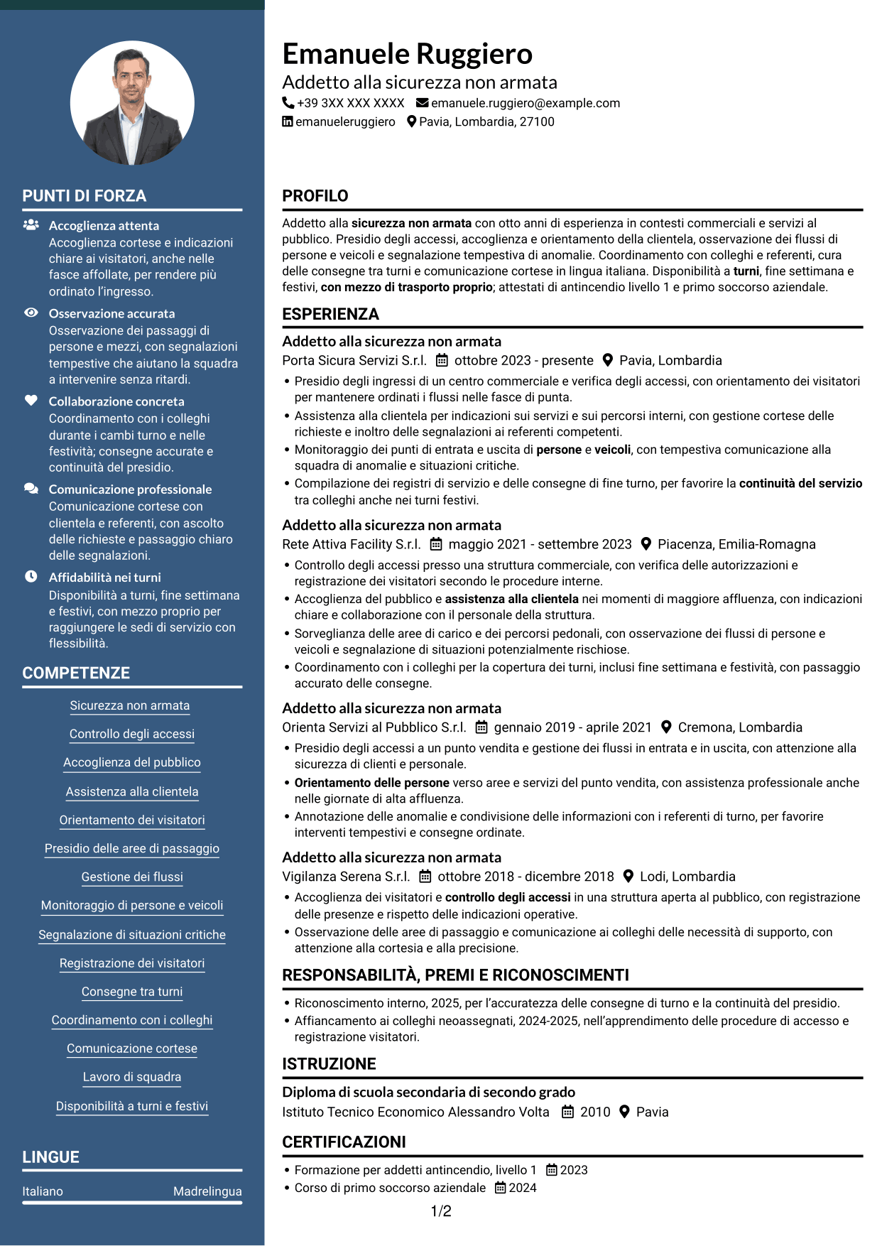 CV Elegante (formato con colonna laterale colorata e foto): Addetto alla sicurezza non armata, pagina 1