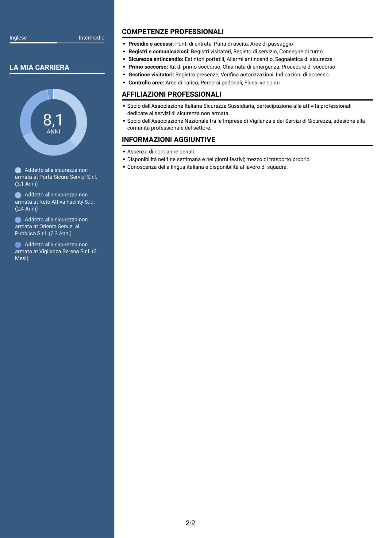 CV Elegante (formato con colonna laterale colorata e foto): Addetto alla sicurezza non armata, pagina 2