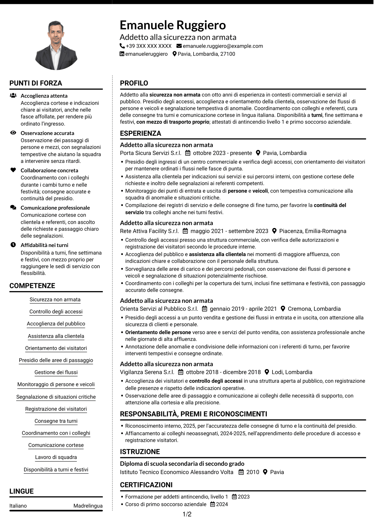 CV Moderno (formato a due colonne con foto a sinistra e separatore): Addetto alla sicurezza non armata, pagina 1