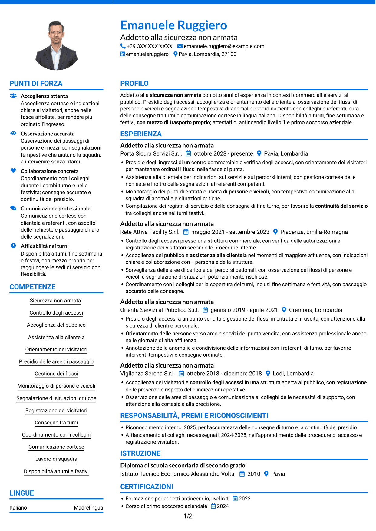 CV Audace (formato a due colonne con accenti colorati e foto): Addetto alla sicurezza non armata, pagina 1