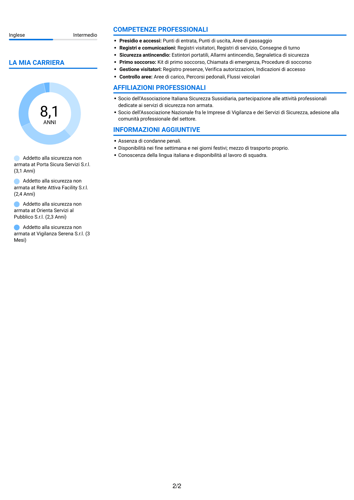 CV Audace (formato a due colonne con accenti colorati e foto): Addetto alla sicurezza non armata, pagina 2