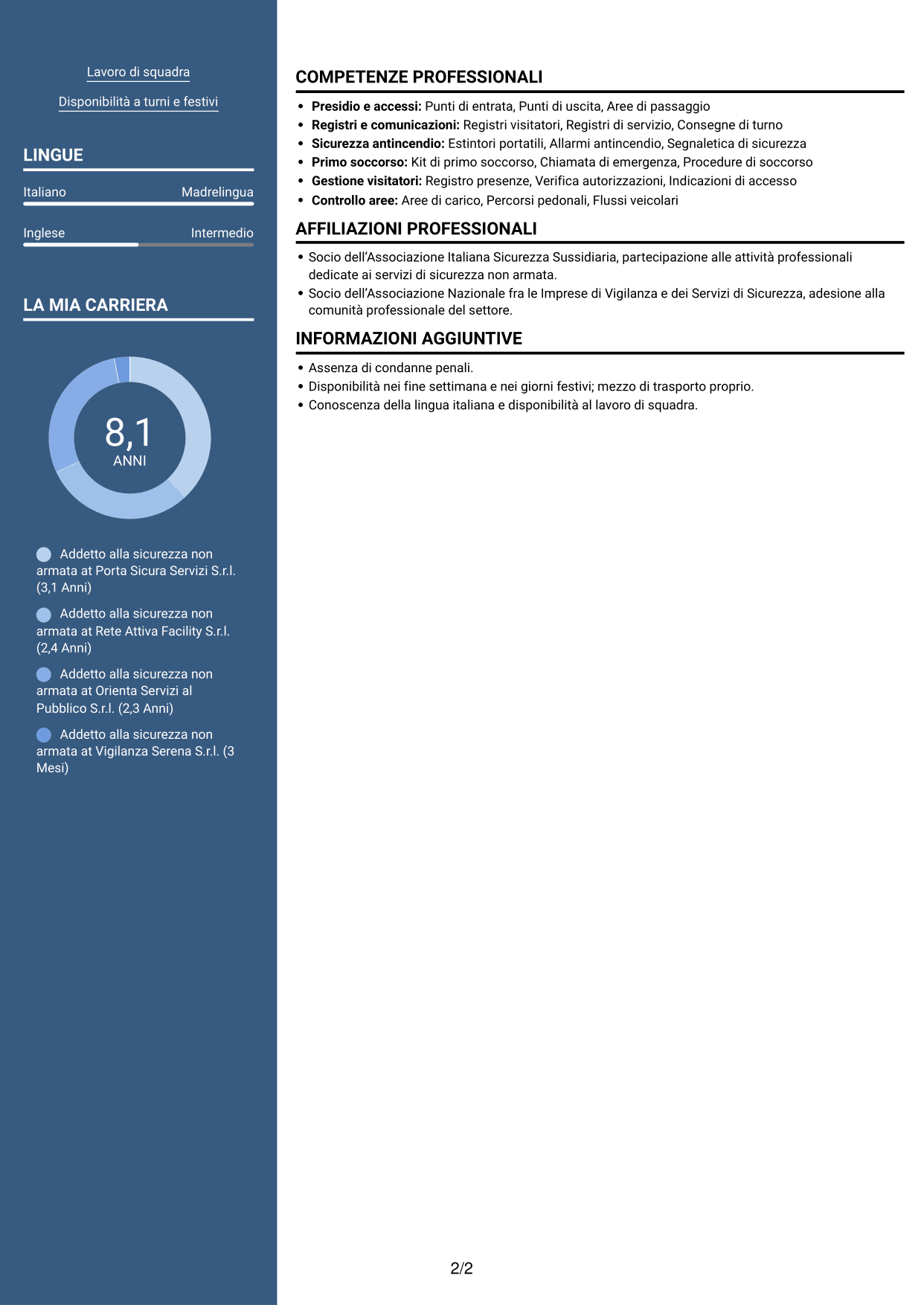 CV Signature (formato con colonna laterale colorata e foto grande): Addetto alla sicurezza non armata, pagina 2