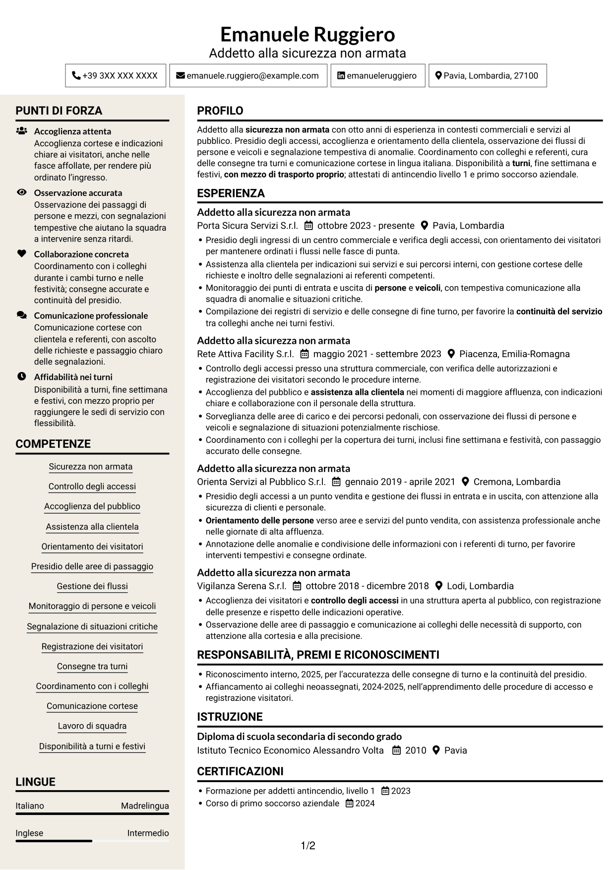 CV Intraprendente (formato a due colonne con intestazione centrata senza foto): Addetto alla sicurezza non armata, pagina 1