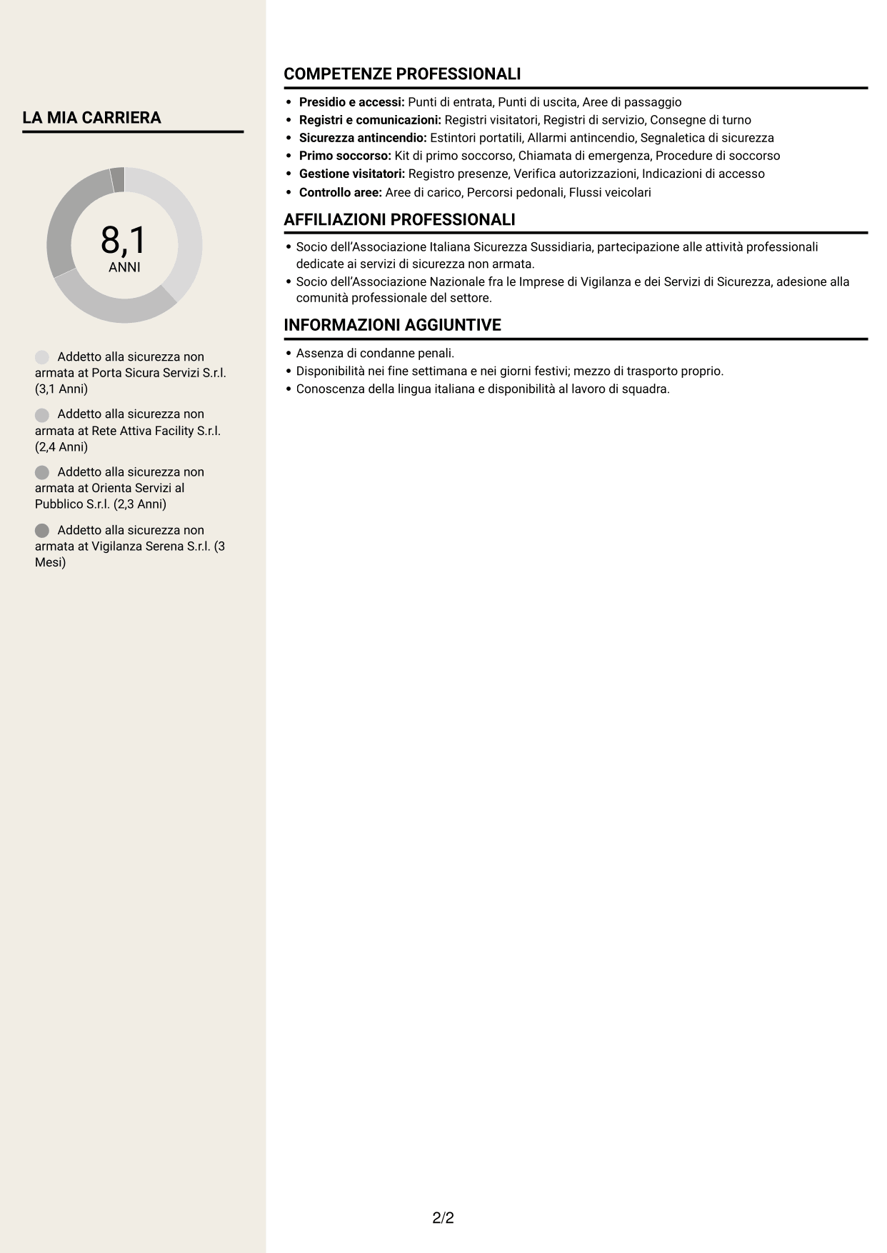 CV Intraprendente (formato a due colonne con intestazione centrata senza foto): Addetto alla sicurezza non armata, pagina 2