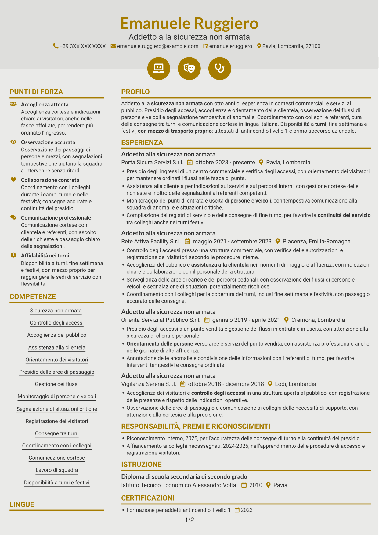 CV Dinamico (formato a due colonne con icone): Addetto alla sicurezza non armata, pagina 1